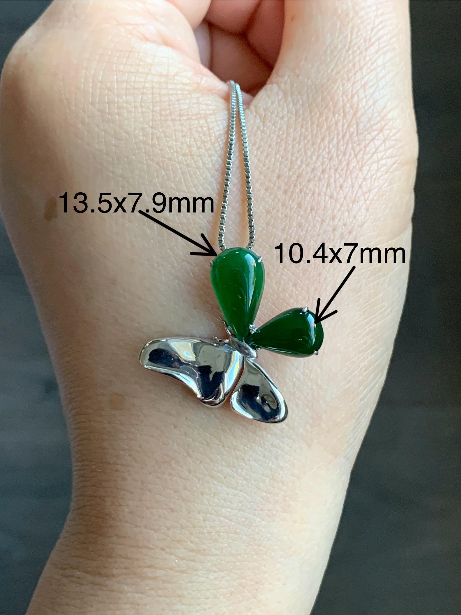 Certified Natural Guatemalan Icy Translucent Vibrant Green Teardrop Jadeite Butterfly Design Pendant Sterling Silver 天然冰危绿水滴翡翠蝴蝶镶嵌吊坠 7424
