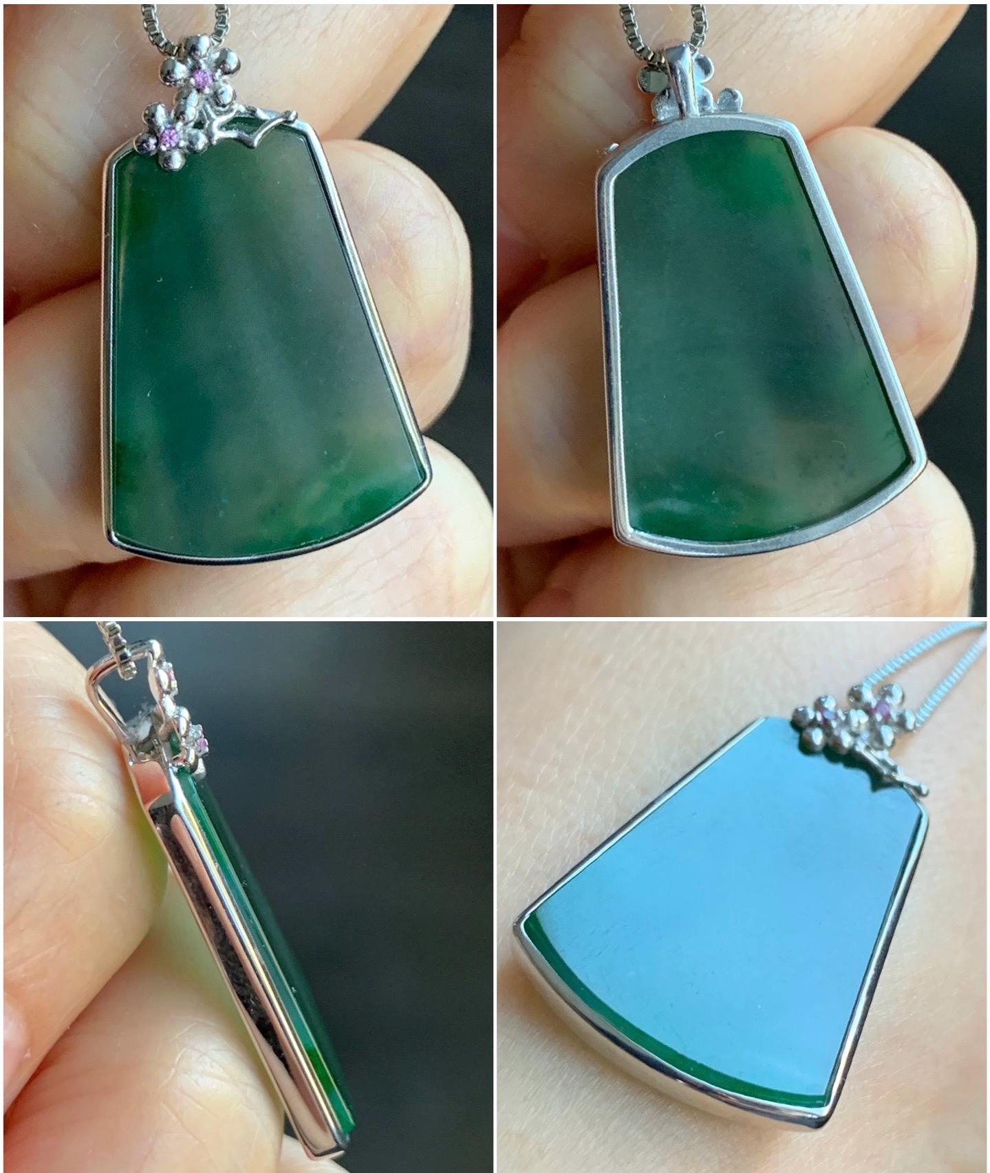 Certified Natural Guatemalan Icy Translucent Dark Teal Green Jadeite Green Marbling Wu Shi Pai Pendant Sterling Silver 天然冰危飘绿翡翠梯形无事牌吊坠 7420
