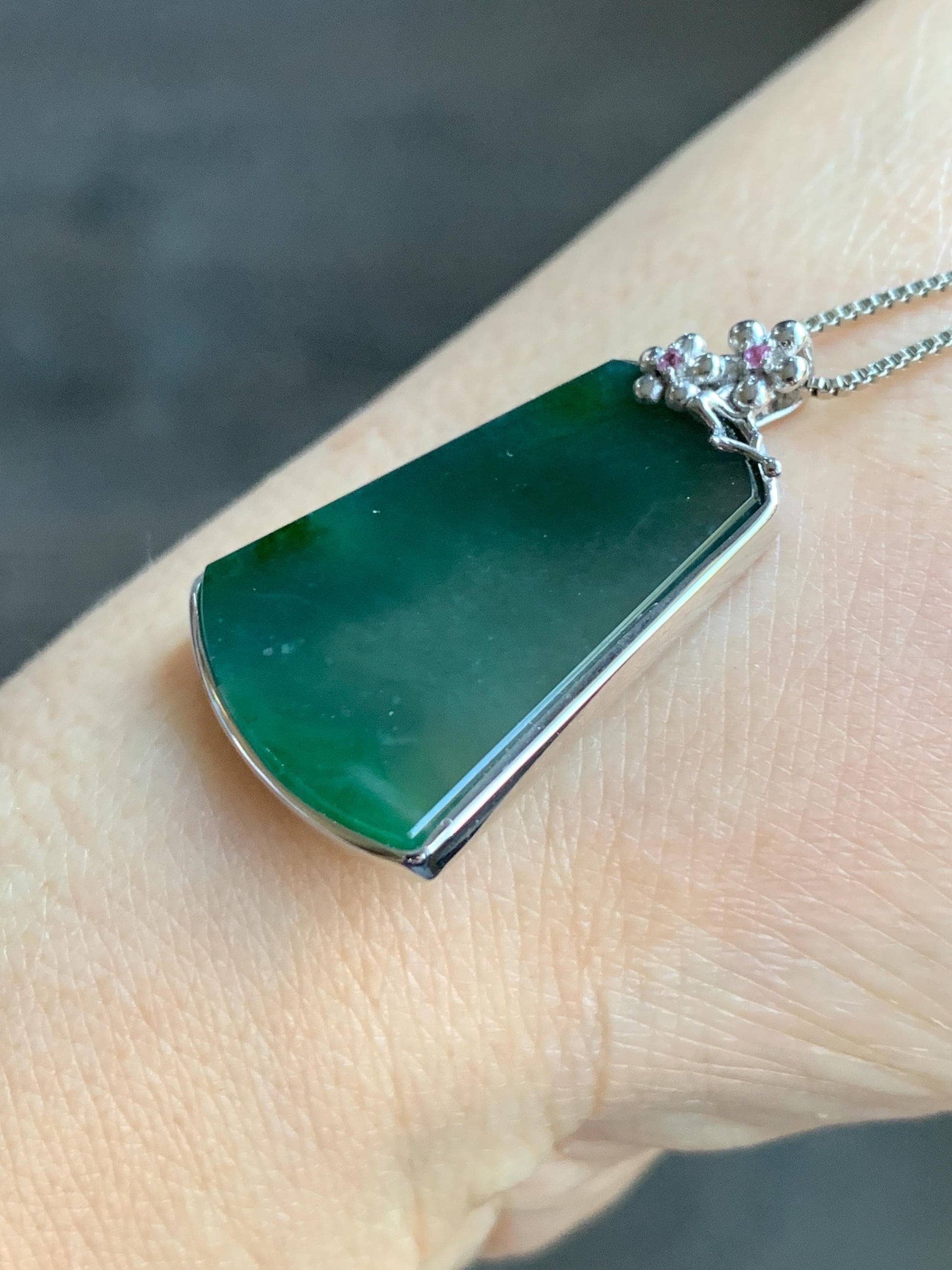 Certified Natural Guatemalan Icy Translucent Dark Teal Green Jadeite Green Marbling Wu Shi Pai Pendant Sterling Silver 天然冰危飘绿翡翠梯形无事牌吊坠 7420