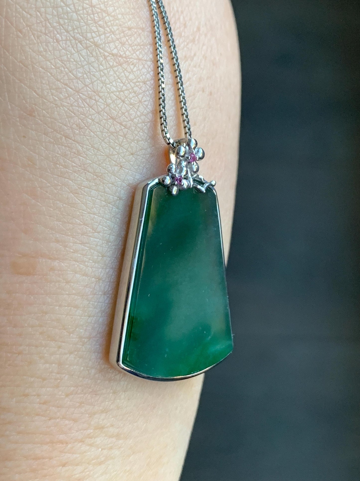 Certified Natural Guatemalan Icy Translucent Dark Teal Green Jadeite Green Marbling Wu Shi Pai Pendant Sterling Silver 天然冰危飘绿翡翠梯形无事牌吊坠 7420