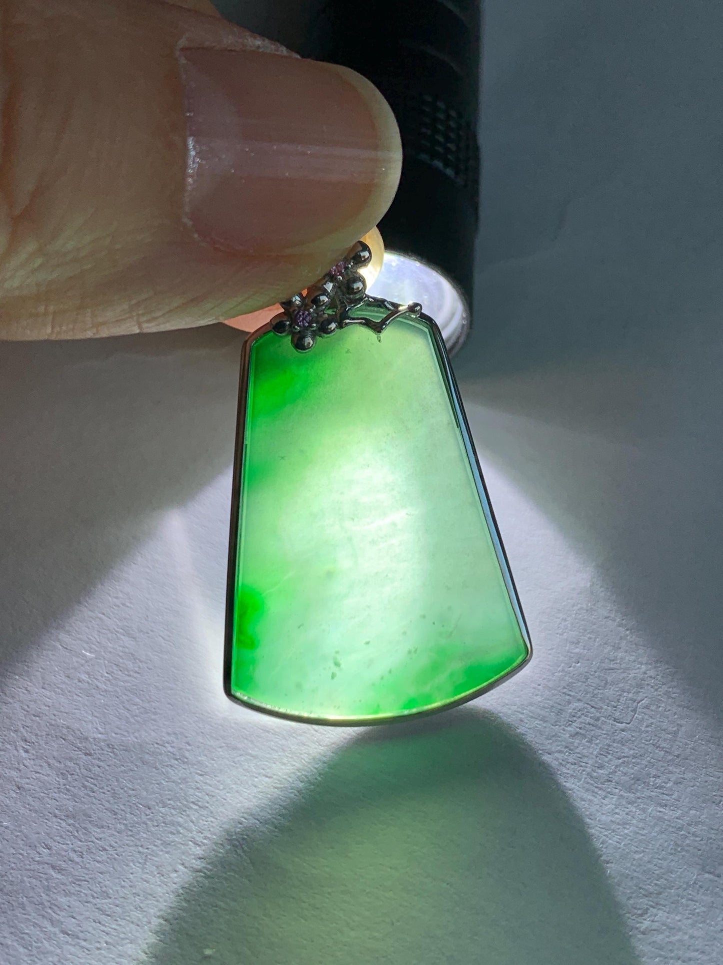 Certified Natural Guatemalan Icy Translucent Dark Teal Green Jadeite Green Marbling Wu Shi Pai Pendant Sterling Silver 天然冰危飘绿翡翠梯形无事牌吊坠 7420