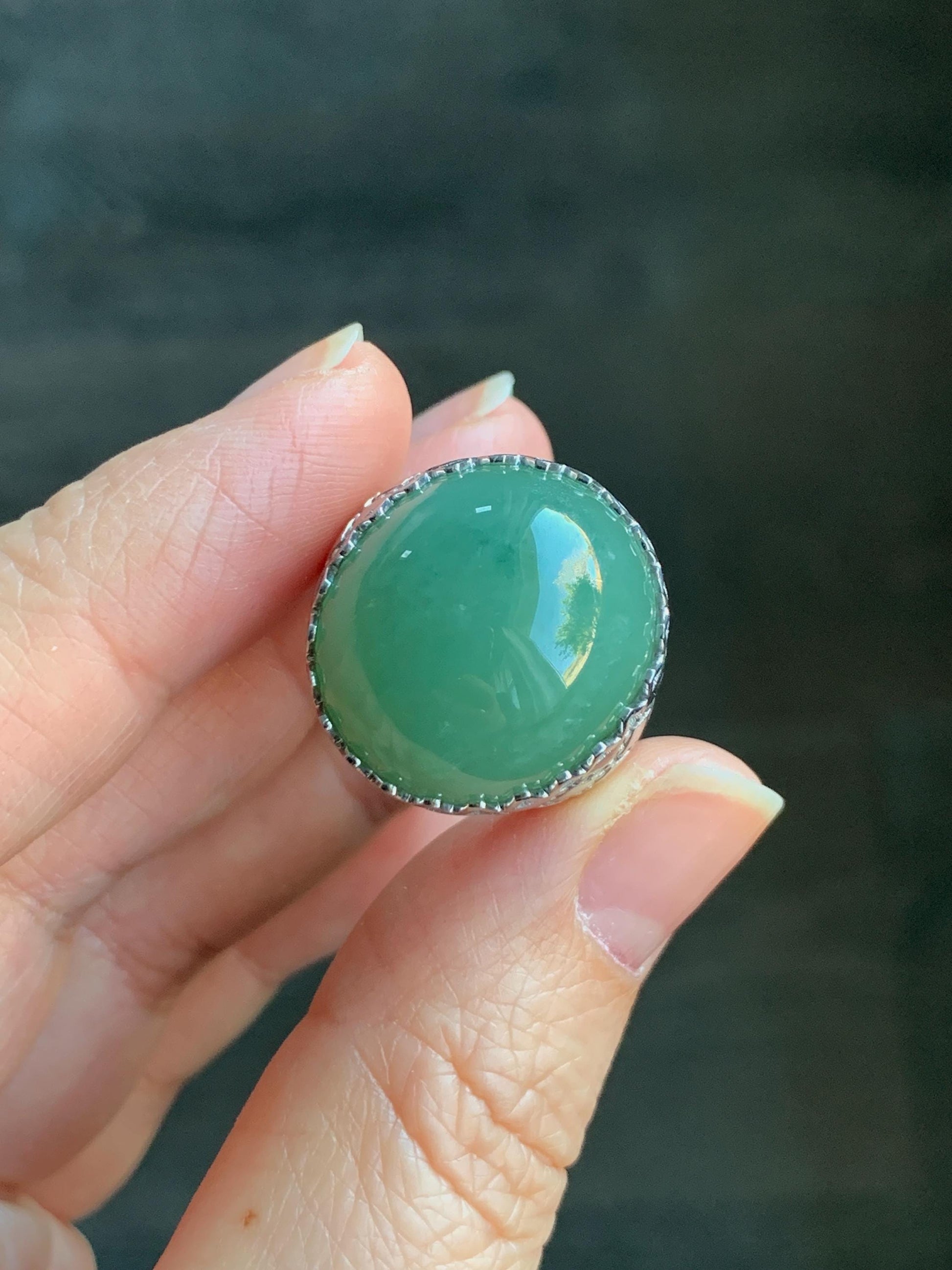 Certified Natural Burmese Icy Translucent Sea Green Jadeite Large Oval Solitaire Ring Size 7.25 Sterling Silver 12g 天然缅甸冰绿翡翠大椭圆蛋面银镶戒指 7384