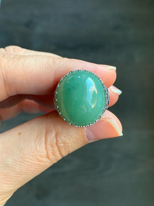 Certified Natural Burmese Icy Translucent Sea Green Jadeite Large Oval Solitaire Ring Size 7.25 Sterling Silver 12g 天然缅甸冰绿翡翠大椭圆蛋面银镶戒指 7384