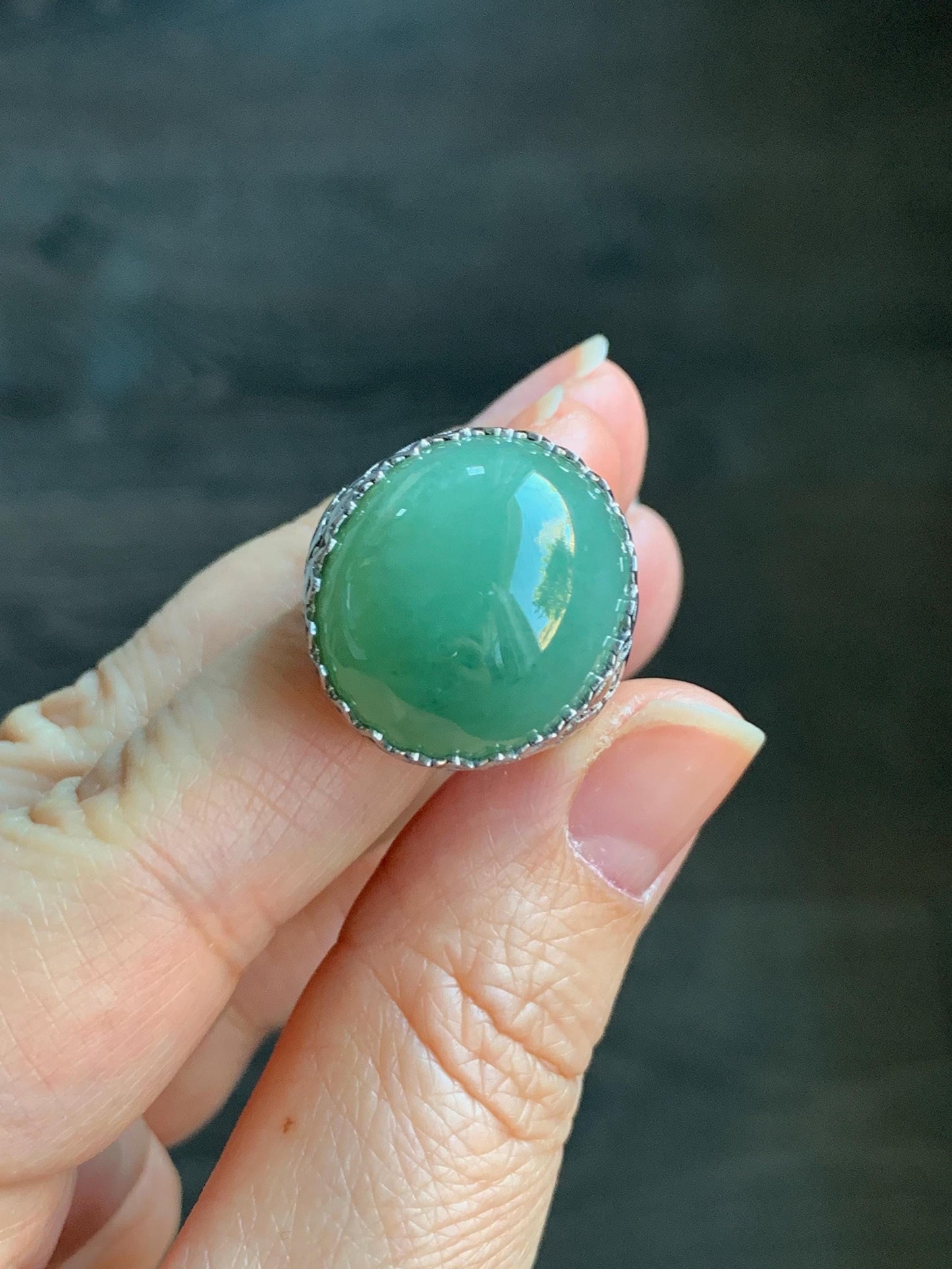 Certified Natural Burmese Icy Translucent Sea Green Jadeite Large Oval Solitaire Ring Size 7.25 Sterling Silver 12g 天然缅甸冰绿翡翠大椭圆蛋面银镶戒指 7384