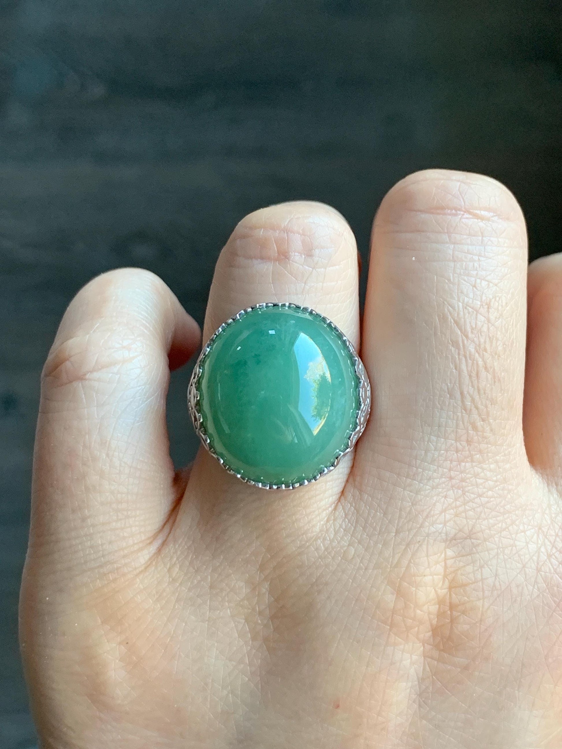 Certified Natural Burmese Icy Translucent Sea Green Jadeite Large Oval Solitaire Ring Size 7.25 Sterling Silver 12g 天然缅甸冰绿翡翠大椭圆蛋面银镶戒指 7384