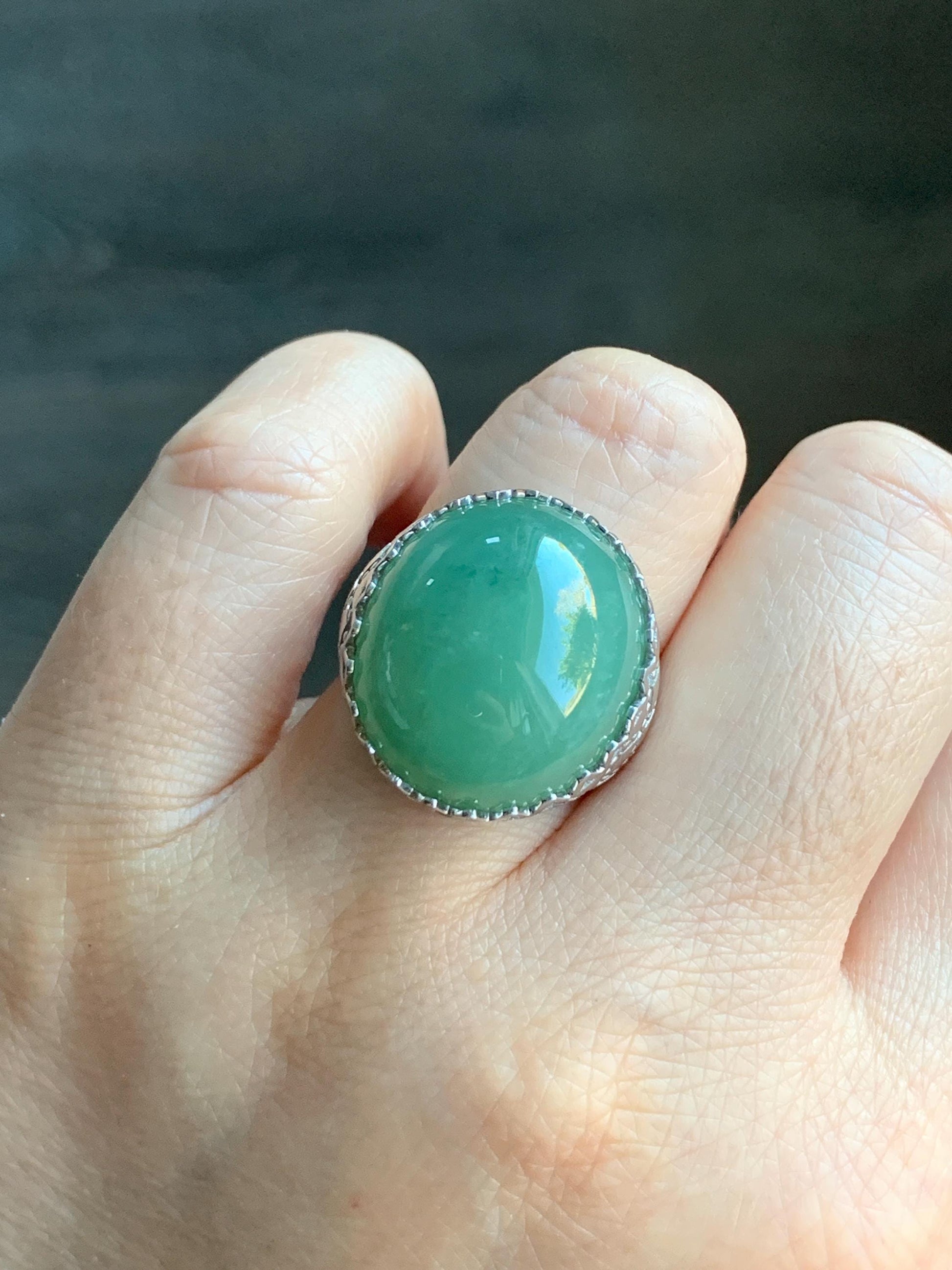 Certified Natural Burmese Icy Translucent Sea Green Jadeite Large Oval Solitaire Ring Size 7.25 Sterling Silver 12g 天然缅甸冰绿翡翠大椭圆蛋面银镶戒指 7384