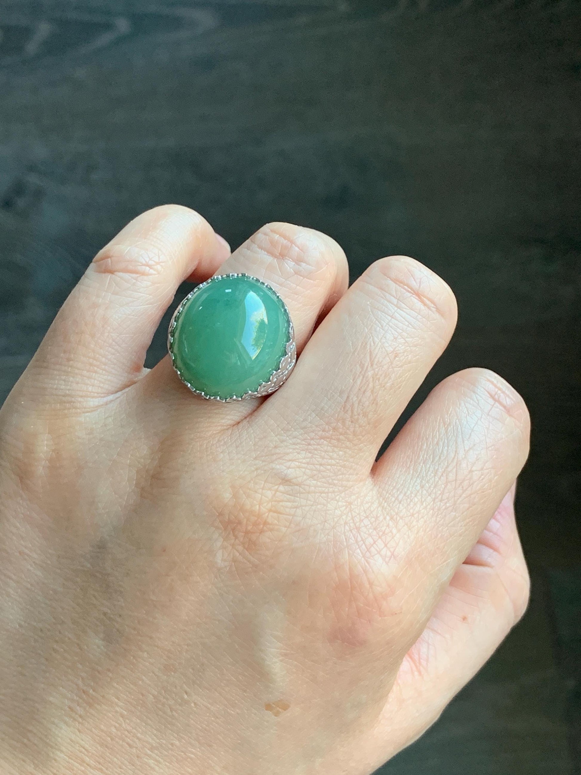 Certified Natural Burmese Icy Translucent Sea Green Jadeite Large Oval Solitaire Ring Size 7.25 Sterling Silver 12g 天然缅甸冰绿翡翠大椭圆蛋面银镶戒指 7384