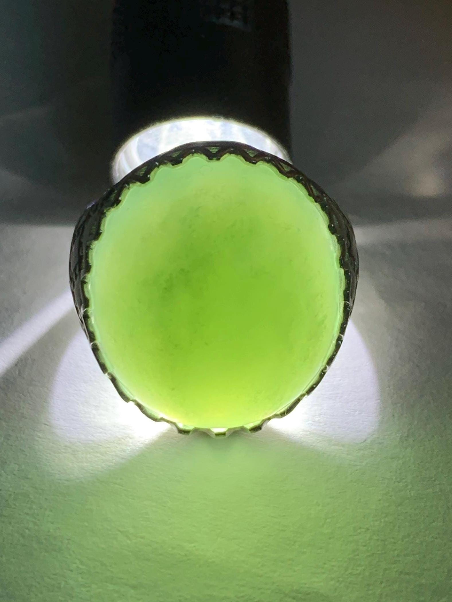 Certified Natural Burmese Icy Translucent Sea Green Jadeite Large Oval Solitaire Ring Size 7.25 Sterling Silver 12g 天然缅甸冰绿翡翠大椭圆蛋面银镶戒指 7384