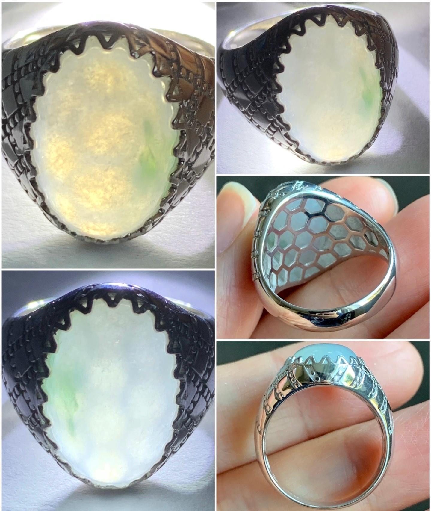Certified Natural Burmese Icy Translucent White & Green Jadeite Large Oval Solitaire Ring Size 7.25 Sterling Silver 天然缅甸冰飘绿花翡翠大椭圆蛋面银镶戒指 7386