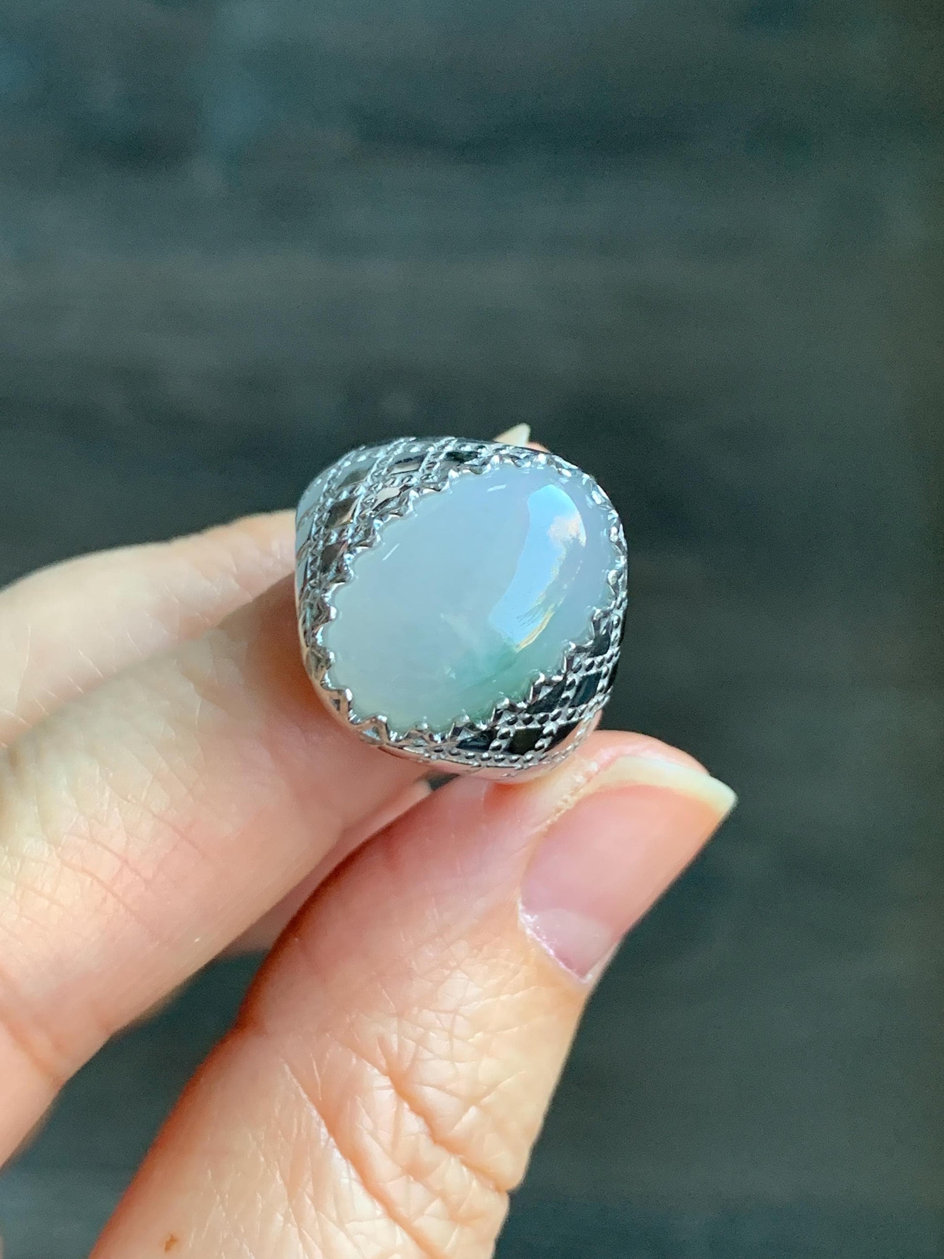 Certified Natural Burmese Icy Translucent White & Green Jadeite Large Oval Solitaire Ring Size 7.25 Sterling Silver 天然缅甸冰飘绿花翡翠大椭圆蛋面银镶戒指 7386
