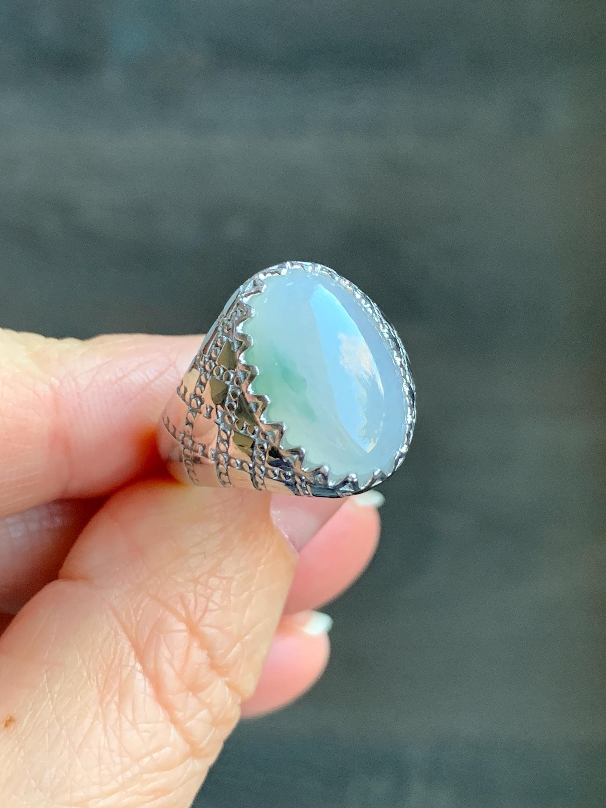 Certified Natural Burmese Icy Translucent White & Green Jadeite Large Oval Solitaire Ring Size 7.25 Sterling Silver 天然缅甸冰飘绿花翡翠大椭圆蛋面银镶戒指 7386