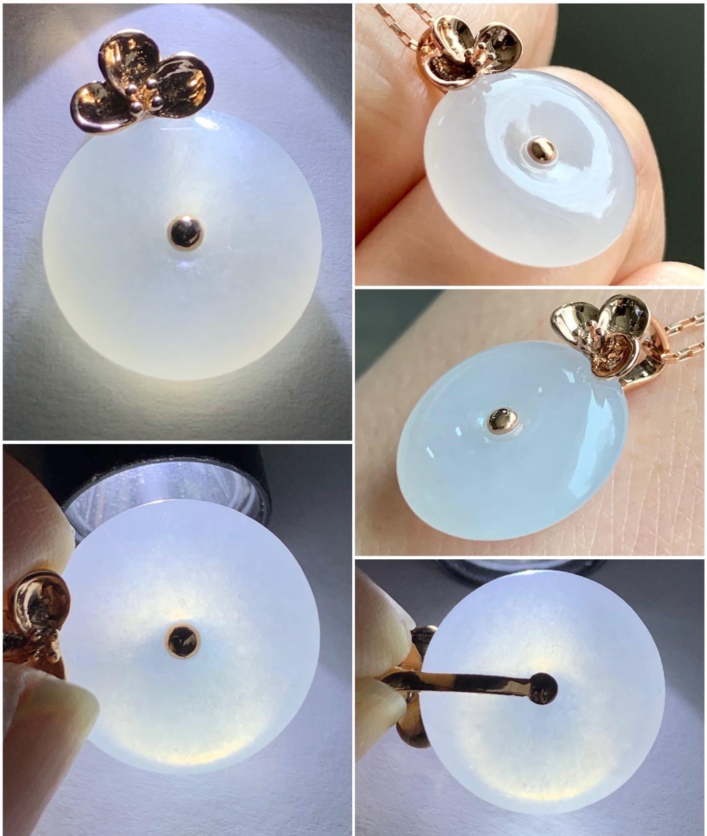 Certified Natural Burmese Icy Translucent Gelatinous White Jadeite Ping An Kou Donut Pendant 18K Rose Gold 4g 天然缅甸冰胶白色粉底翡翠平安扣玫瑰金镶嵌吊坠 7425