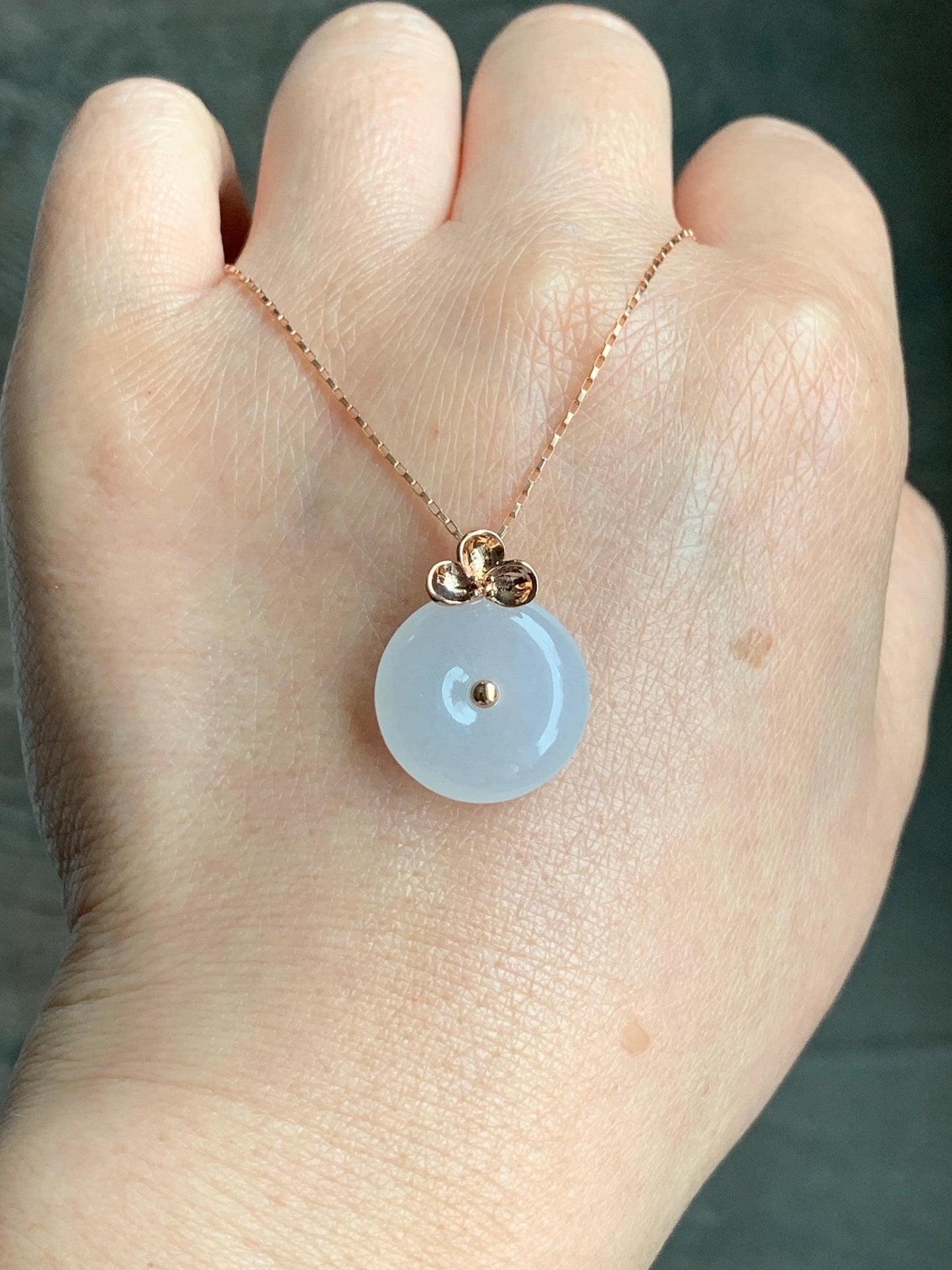 Certified Natural Burmese Icy Translucent Gelatinous White Jadeite Ping An Kou Donut Pendant 18K Rose Gold 4g 天然缅甸冰胶白色粉底翡翠平安扣玫瑰金镶嵌吊坠 7425