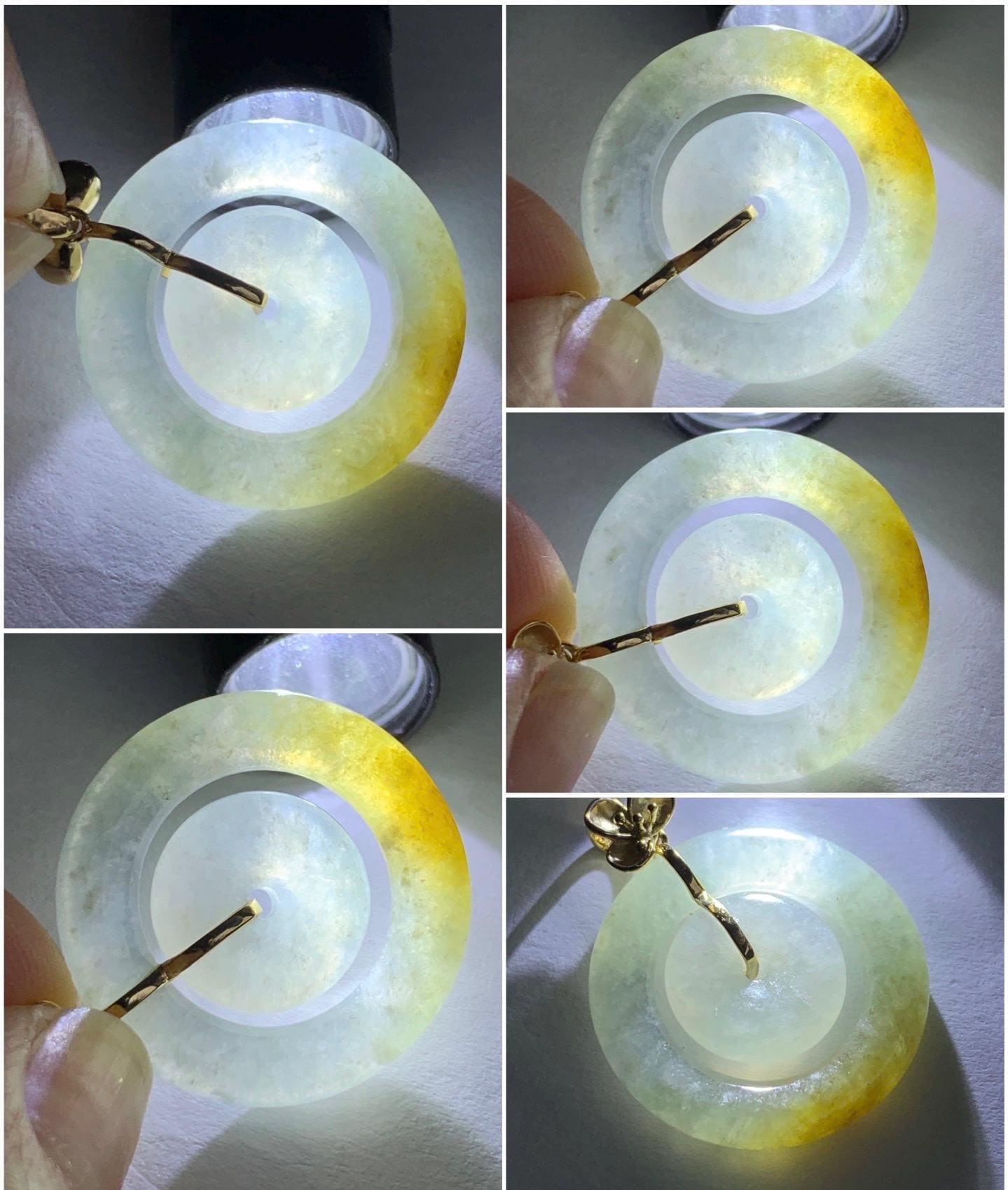 Certified Natural Burmese Icy Translucent White Jadeite w/ Yellow Marbling Mother-Child Ping An Kou Pendant 18K Yellow Gold 天然缅甸冰飘黄翡翠子母扣吊坠