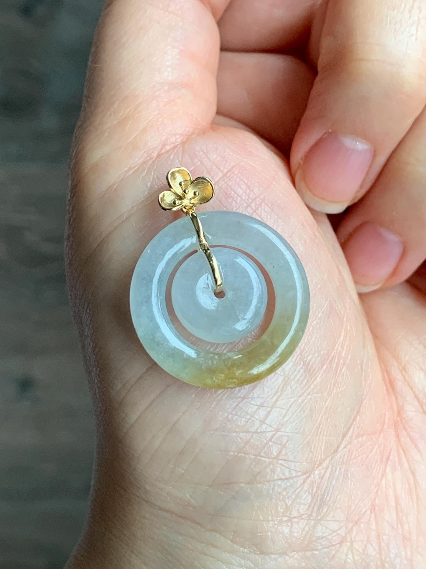 Certified Natural Burmese Icy Translucent White Jadeite w/ Yellow Marbling Mother-Child Ping An Kou Pendant 18K Yellow Gold 天然缅甸冰飘黄翡翠子母扣吊坠