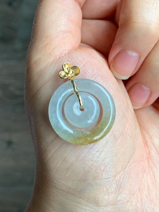 Certified Natural Burmese Icy Translucent White Jadeite w/ Yellow Marbling Mother-Child Ping An Kou Pendant 18K Yellow Gold 天然缅甸冰飘黄翡翠子母扣吊坠