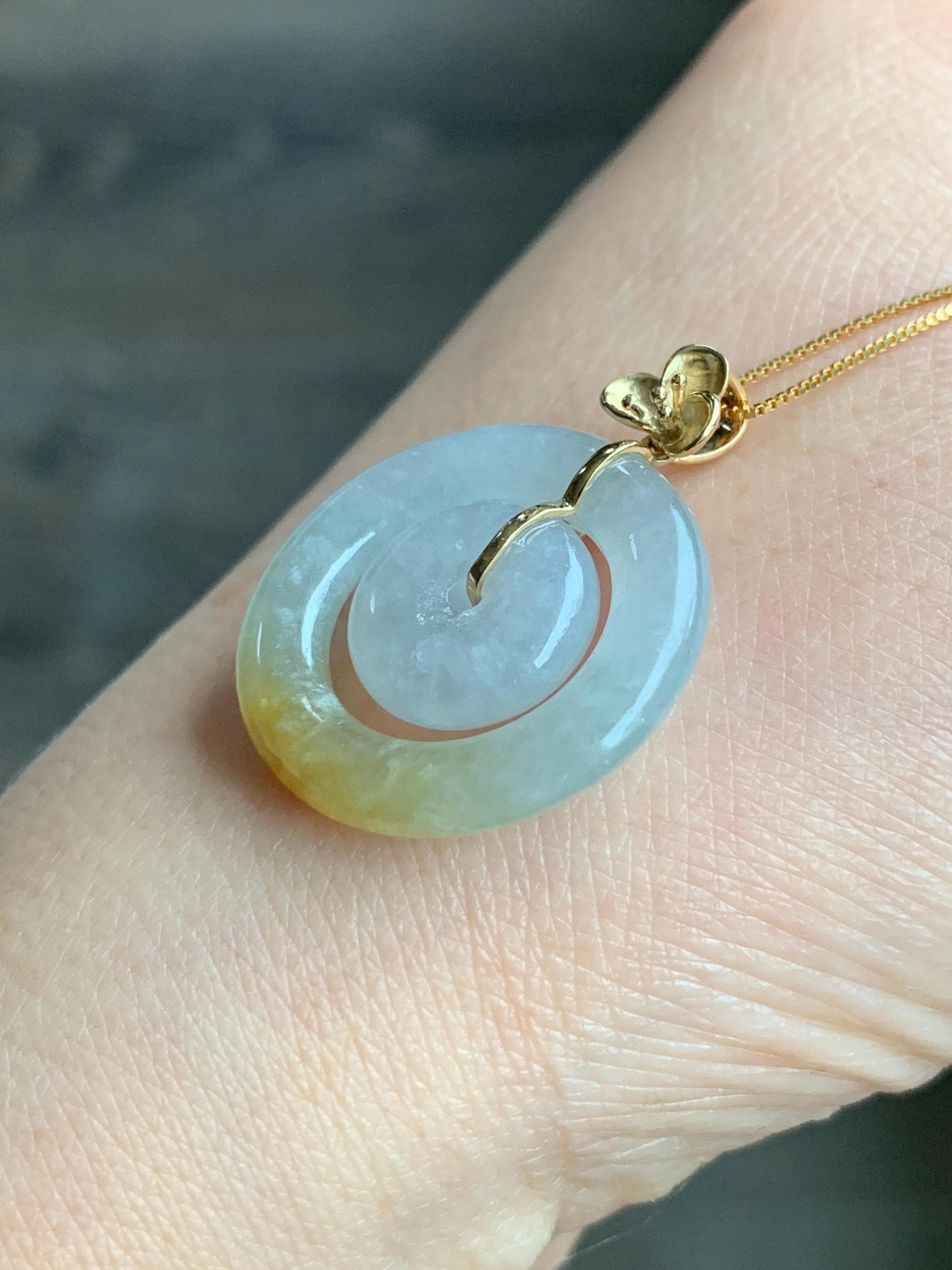 Certified Natural Burmese Icy Translucent White Jadeite w/ Yellow Marbling Mother-Child Ping An Kou Pendant 18K Yellow Gold 天然缅甸冰飘黄翡翠子母扣吊坠