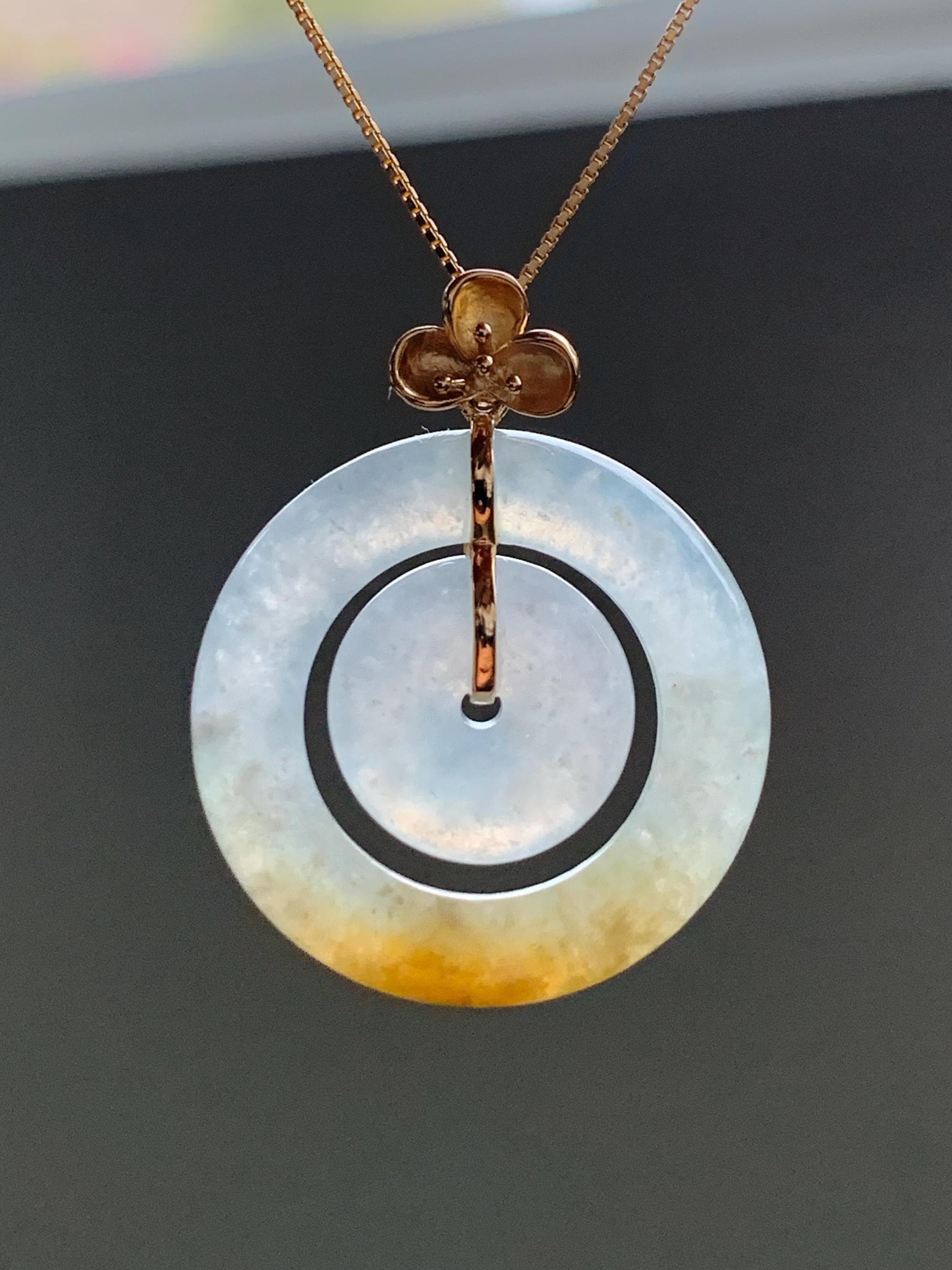 Certified Natural Burmese Icy Translucent White Jadeite w/ Yellow Marbling Mother-Child Ping An Kou Pendant 18K Yellow Gold 天然缅甸冰飘黄翡翠子母扣吊坠