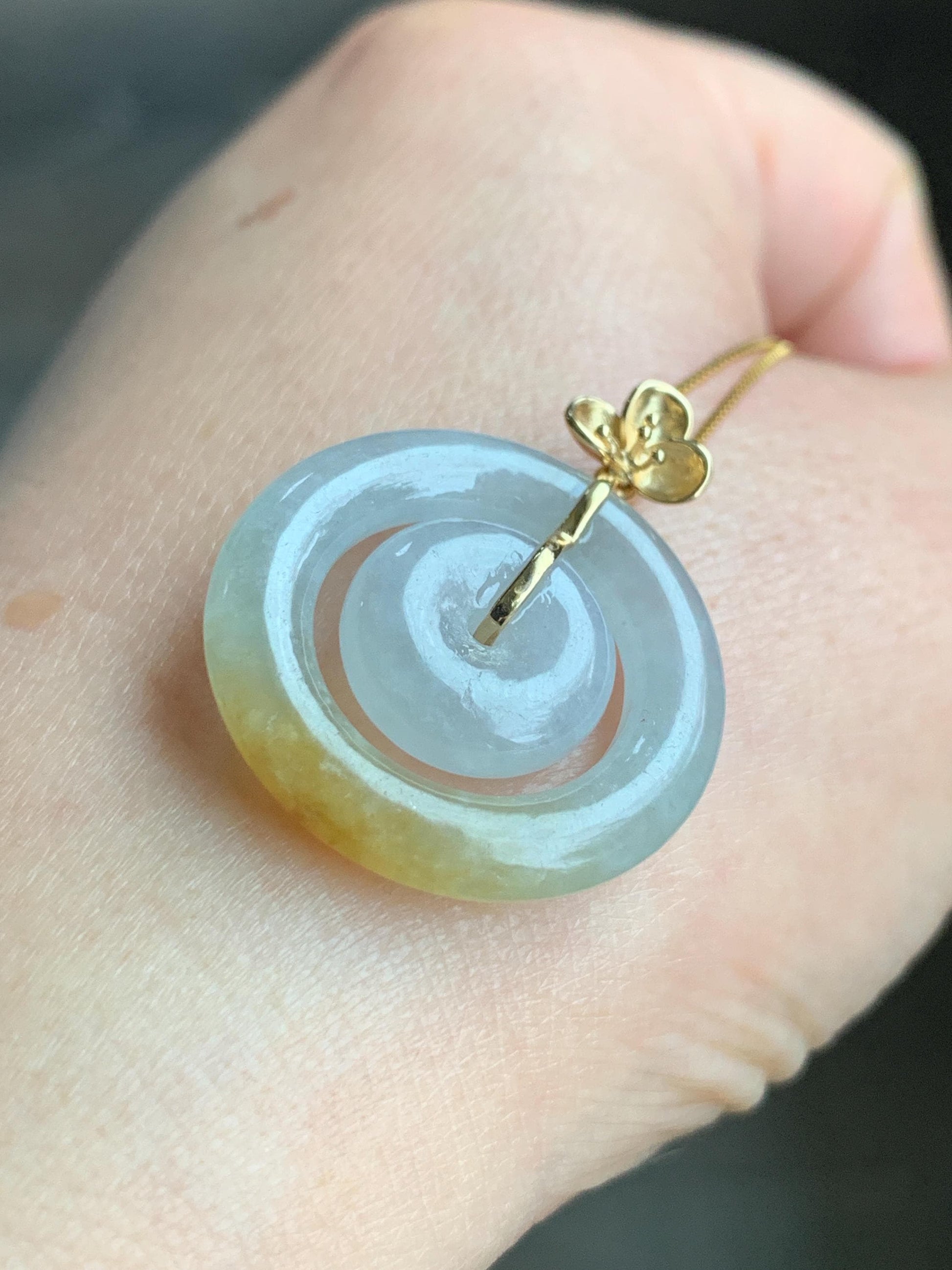Certified Natural Burmese Icy Translucent White Jadeite w/ Yellow Marbling Mother-Child Ping An Kou Pendant 18K Yellow Gold 天然缅甸冰飘黄翡翠子母扣吊坠