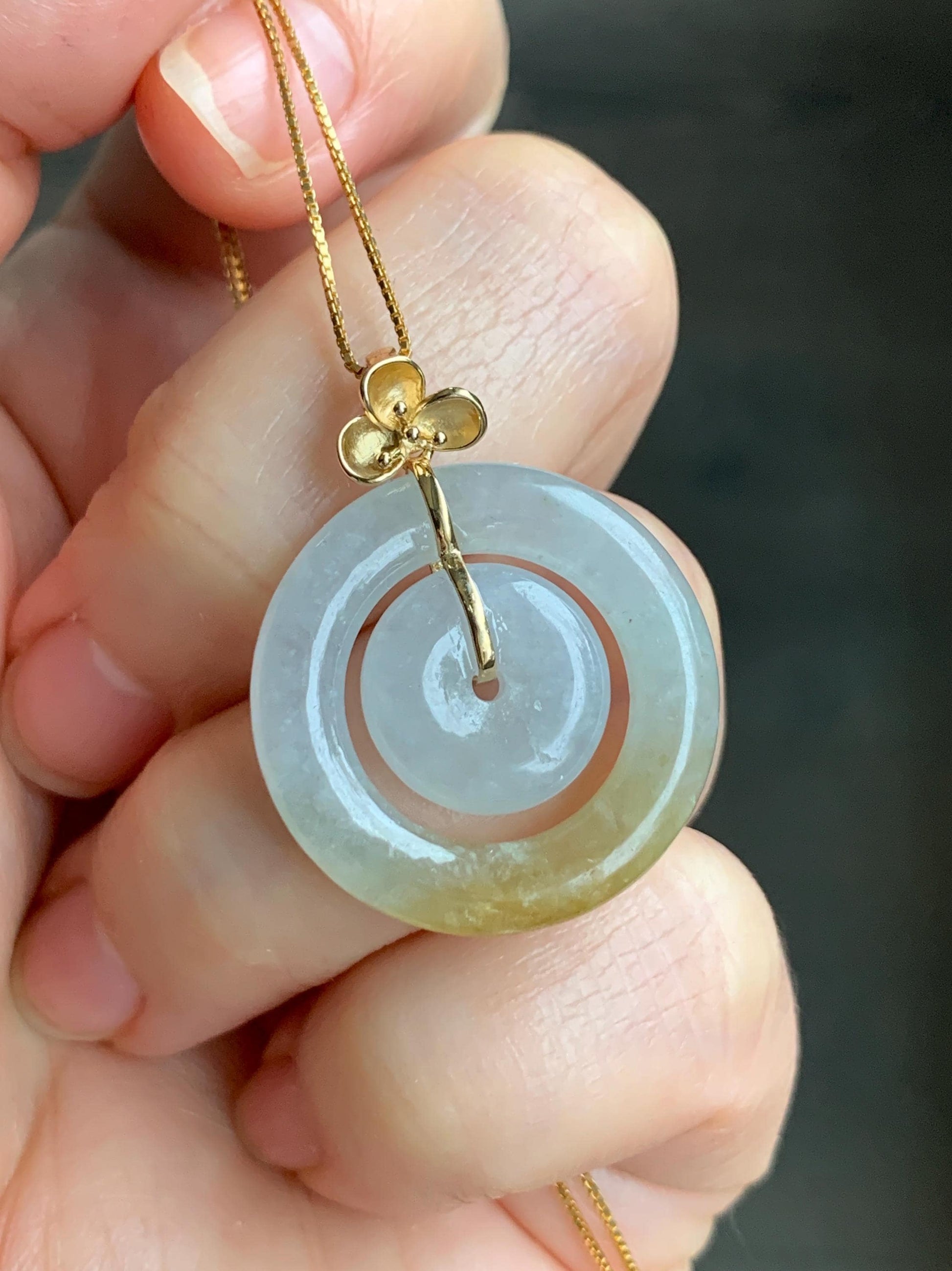 Certified Natural Burmese Icy Translucent White Jadeite w/ Yellow Marbling Mother-Child Ping An Kou Pendant 18K Yellow Gold 天然缅甸冰飘黄翡翠子母扣吊坠
