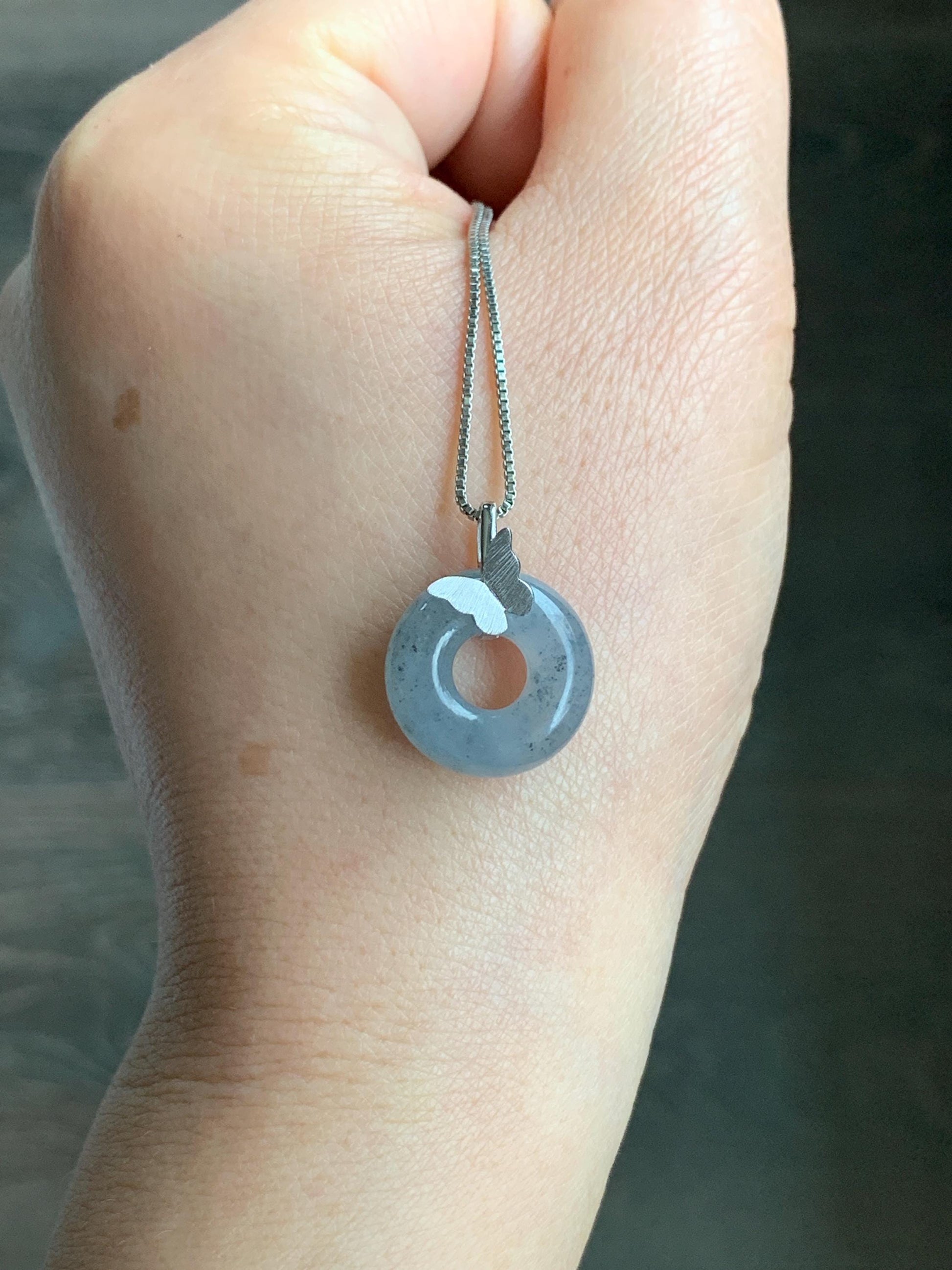 Certified Natural Burmese Icy Translucent Gelatinous Wuji Jadeite Ping An Kou Donut Butterfly Pendant 18K White Gold 天然缅甸冰胶乌鸡翡平安扣蝴蝶镶嵌吊坠 7416