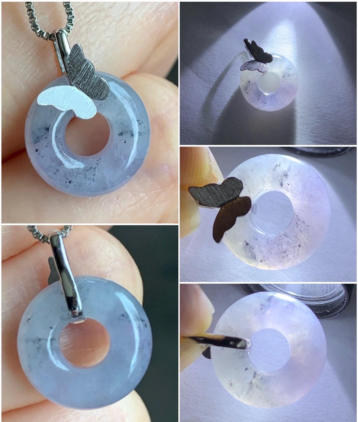 Certified Natural Burmese Icy Translucent Gelatinous Wuji Jadeite Ping An Kou Donut Butterfly Pendant 18K White Gold 天然缅甸冰胶紫乌鸡翡平安扣蝴蝶镶嵌吊坠