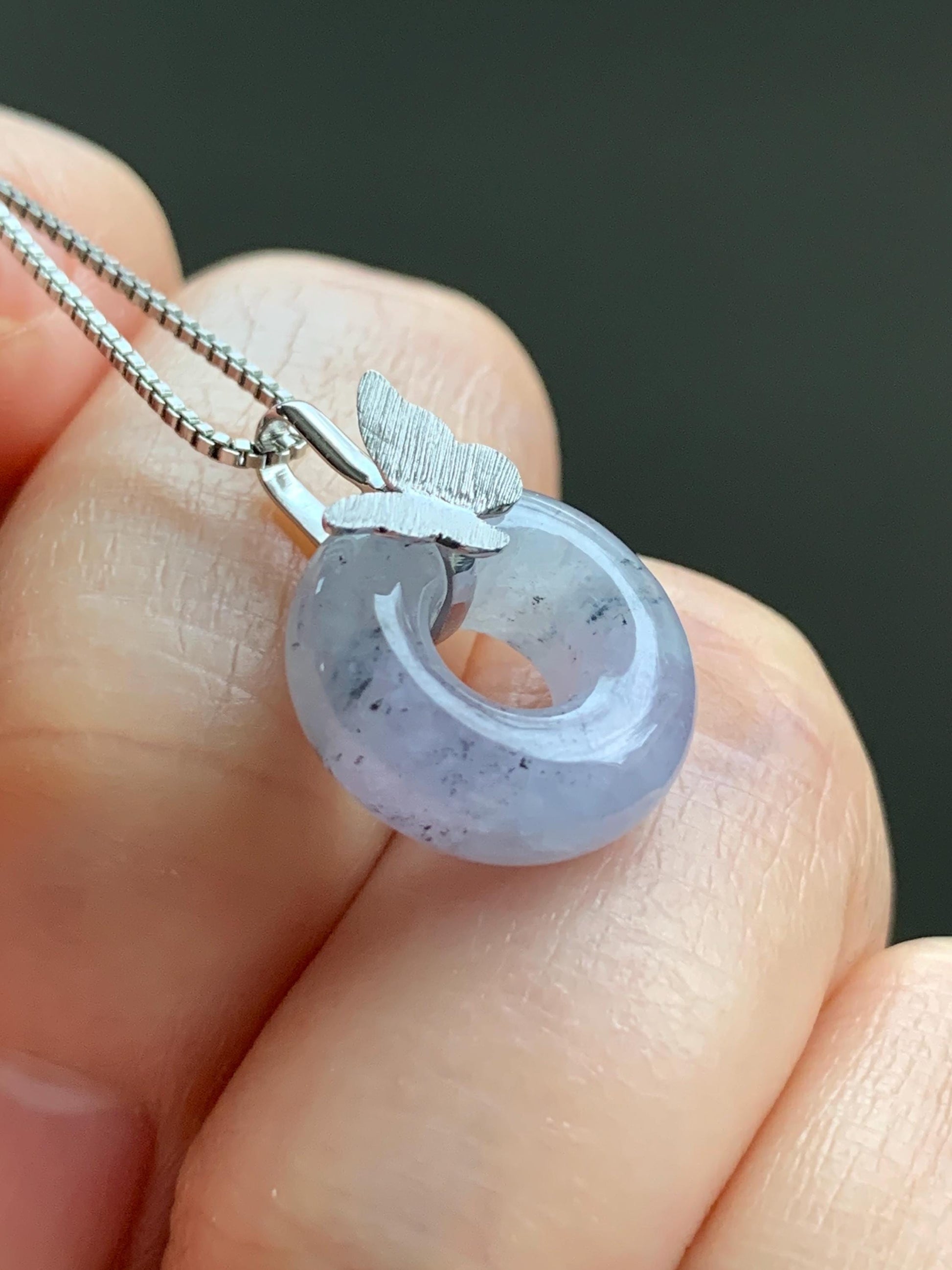 Certified Natural Burmese Icy Translucent Gelatinous Wuji Jadeite Ping An Kou Donut Butterfly Pendant 18K White Gold 天然缅甸冰胶紫乌鸡翡平安扣蝴蝶镶嵌吊坠