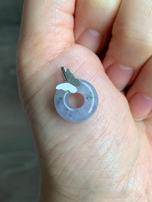 Certified Natural Burmese Icy Translucent Gelatinous Wuji Jadeite Ping An Kou Donut Butterfly Pendant 18K White Gold 天然缅甸冰胶紫乌鸡翡平安扣蝴蝶镶嵌吊坠
