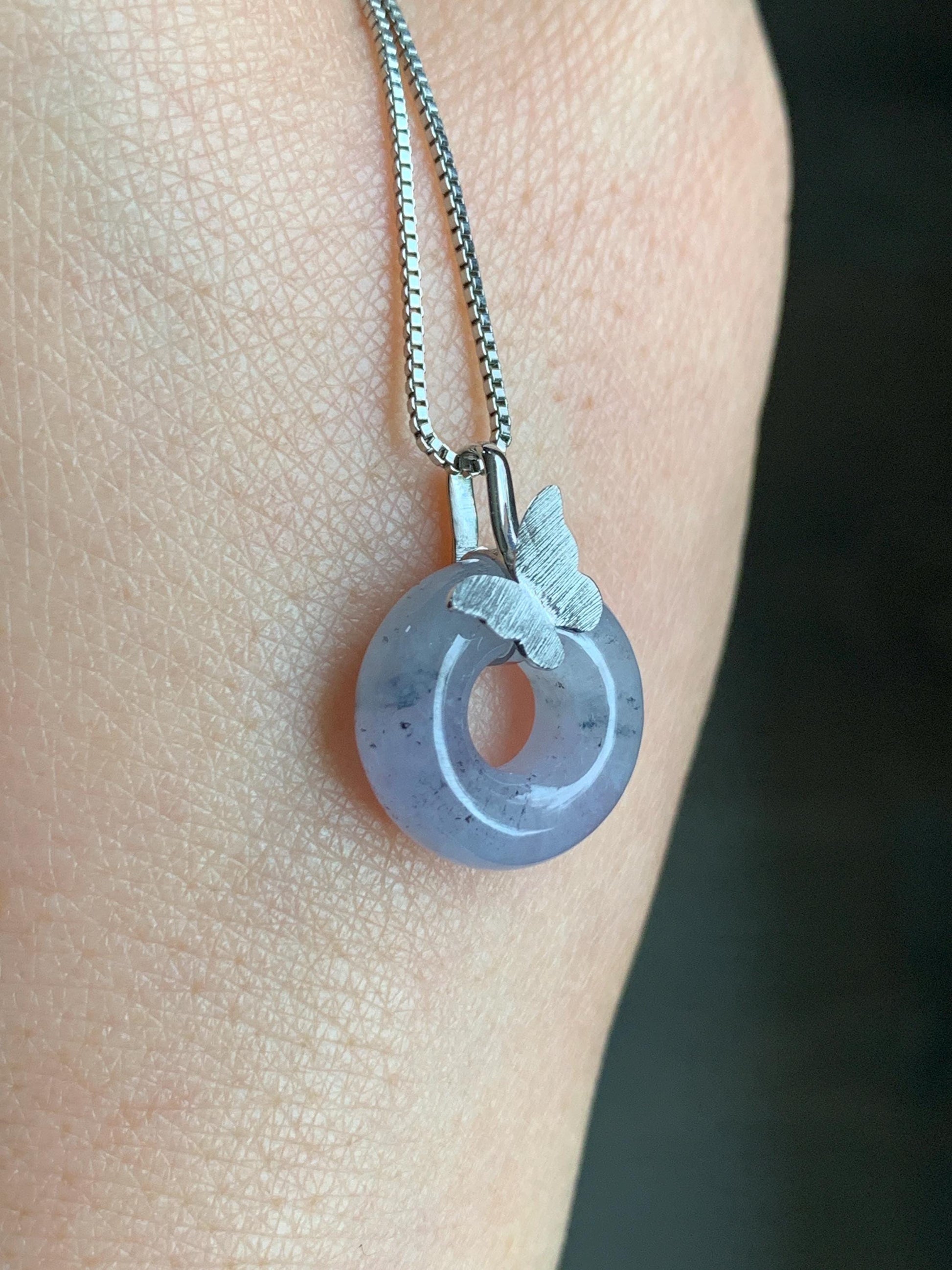 Certified Natural Burmese Icy Translucent Gelatinous Wuji Jadeite Ping An Kou Donut Butterfly Pendant 18K White Gold 天然缅甸冰胶紫乌鸡翡平安扣蝴蝶镶嵌吊坠