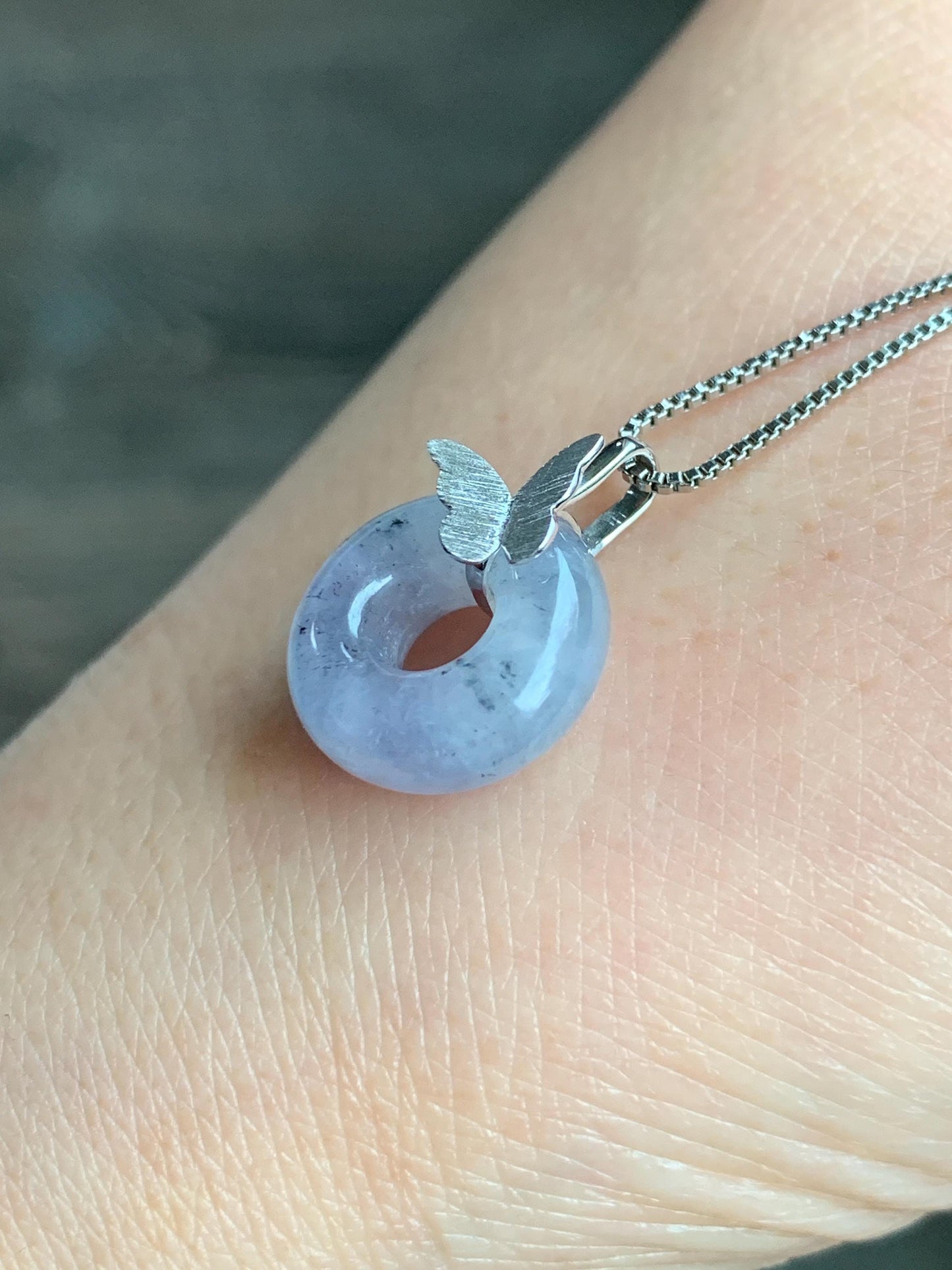 Certified Natural Burmese Icy Translucent Gelatinous Wuji Jadeite Ping An Kou Donut Butterfly Pendant 18K White Gold 天然缅甸冰胶紫乌鸡翡平安扣蝴蝶镶嵌吊坠