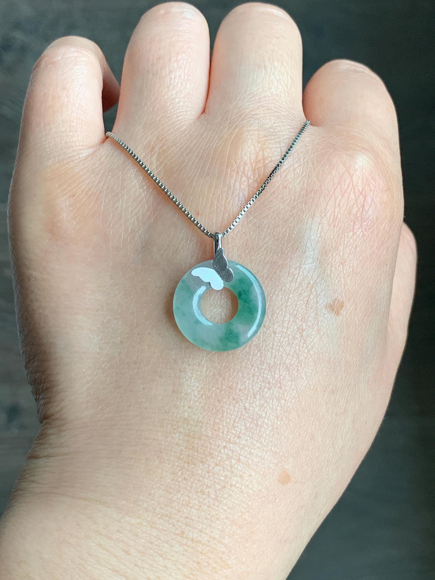 Certified Natural Burmese Icy Highly Translucent Green Marbled Jadeite Ping An Kou Donut Butterfly Pendant 18K White Gold 天然缅甸冰胶飘花翡翠平安扣蝴蝶吊坠