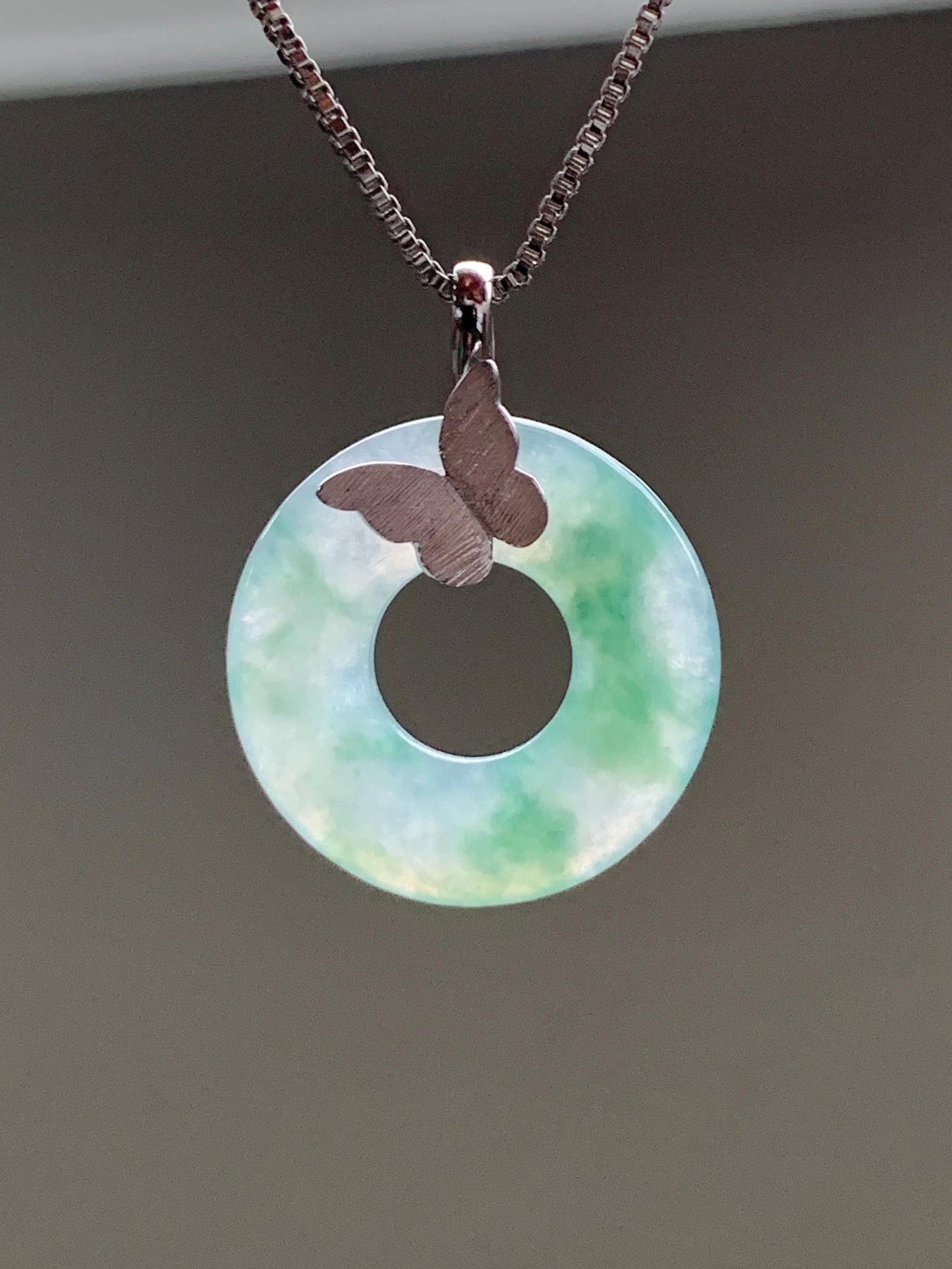 Certified Natural Burmese Icy Highly Translucent Green Marbled Jadeite Ping An Kou Donut Butterfly Pendant 18K White Gold 天然缅甸冰胶飘花翡翠平安扣蝴蝶吊坠