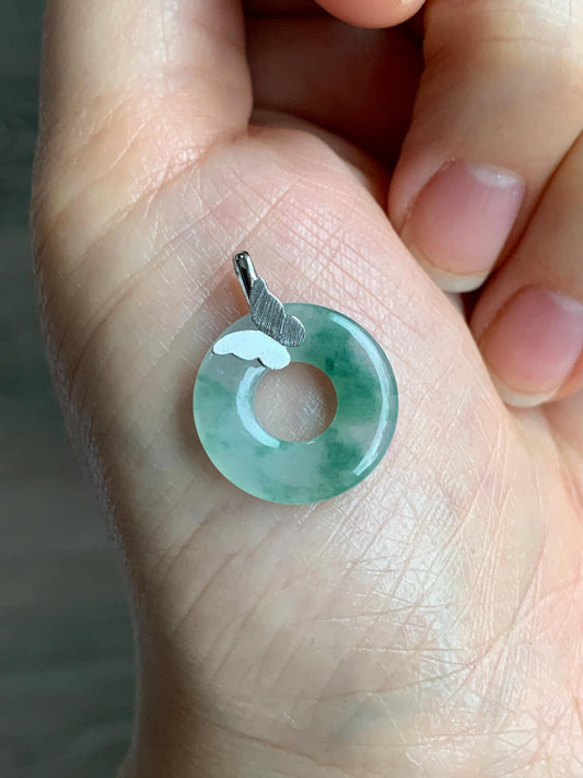 Certified Natural Burmese Icy Highly Translucent Green Marbled Jadeite Ping An Kou Donut Butterfly Pendant 18K White Gold 天然缅甸冰胶飘花翡翠平安扣蝴蝶吊坠