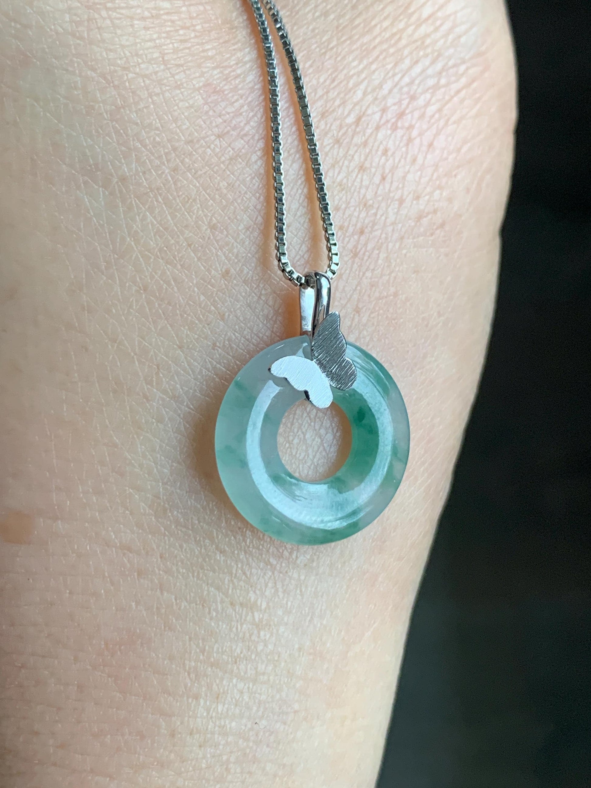 Certified Natural Burmese Icy Highly Translucent Green Marbled Jadeite Ping An Kou Donut Butterfly Pendant 18K White Gold 天然缅甸冰胶飘花翡翠平安扣蝴蝶吊坠