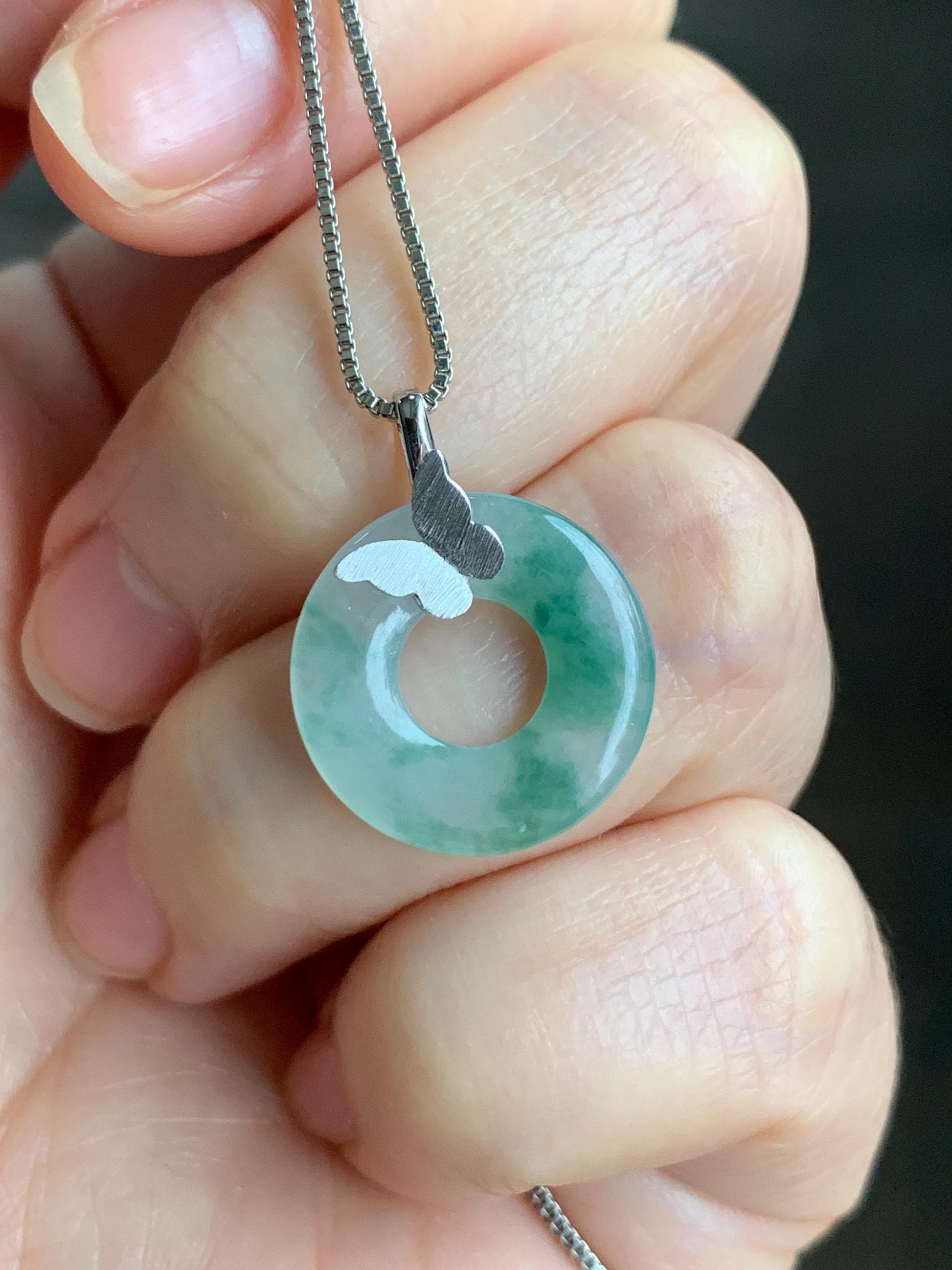 Certified Natural Burmese Icy Highly Translucent Green Marbled Jadeite Ping An Kou Donut Butterfly Pendant 18K White Gold 天然缅甸冰胶飘花翡翠平安扣蝴蝶吊坠