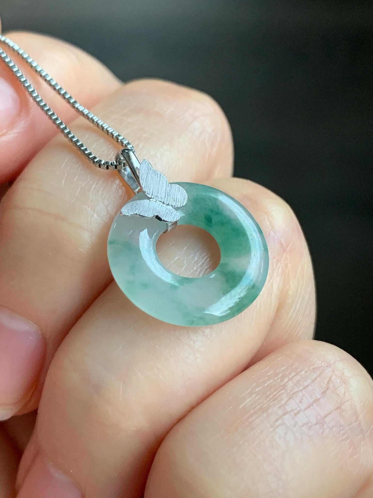 Certified Natural Burmese Icy Highly Translucent Green Marbled Jadeite Ping An Kou Donut Butterfly Pendant 18K White Gold 天然缅甸冰胶飘花翡翠平安扣蝴蝶吊坠