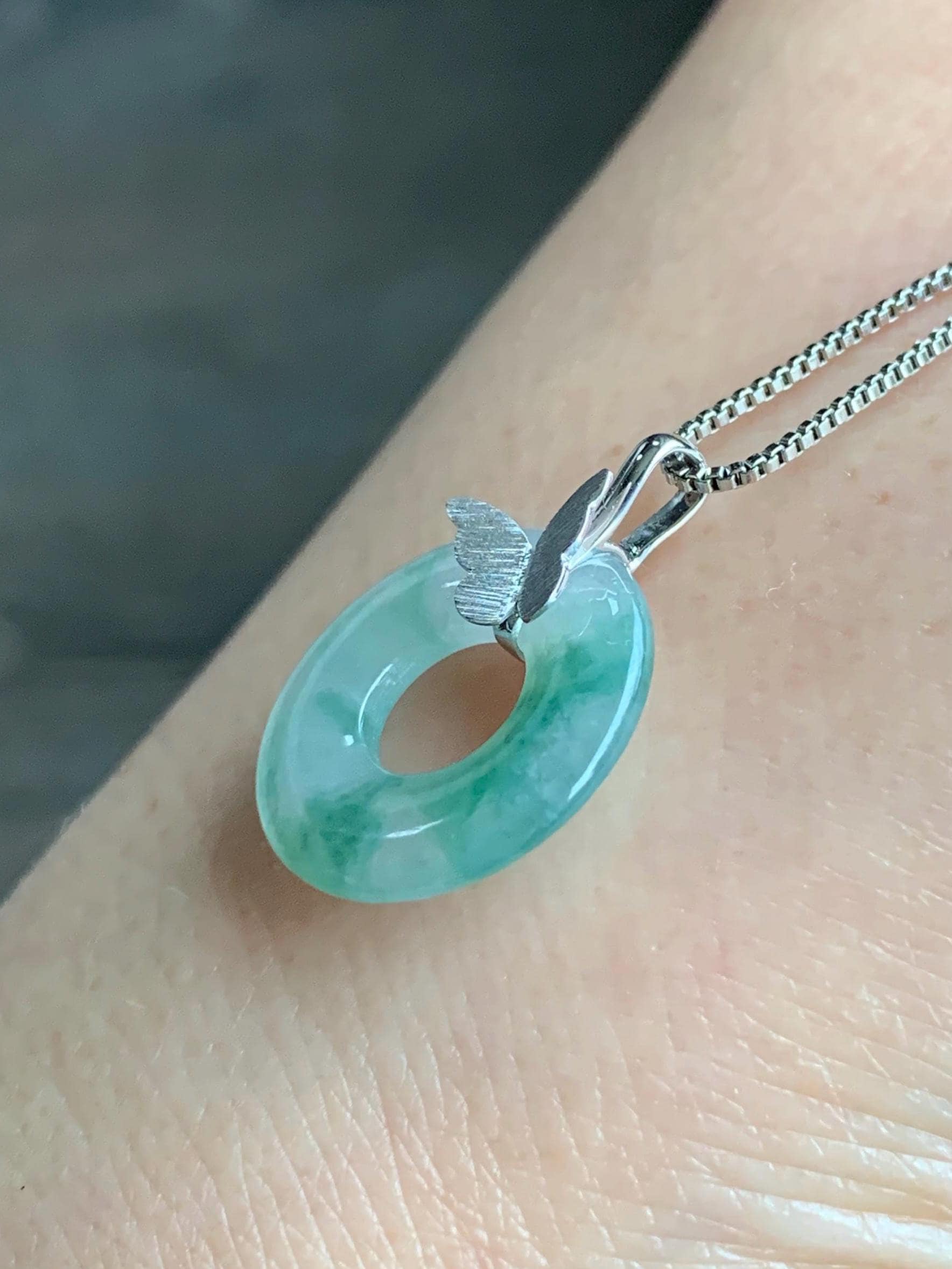 Certified Natural Burmese Icy Highly Translucent Green Marbled Jadeite Ping An Kou Donut Butterfly Pendant 18K White Gold 天然缅甸冰胶飘花翡翠平安扣蝴蝶吊坠