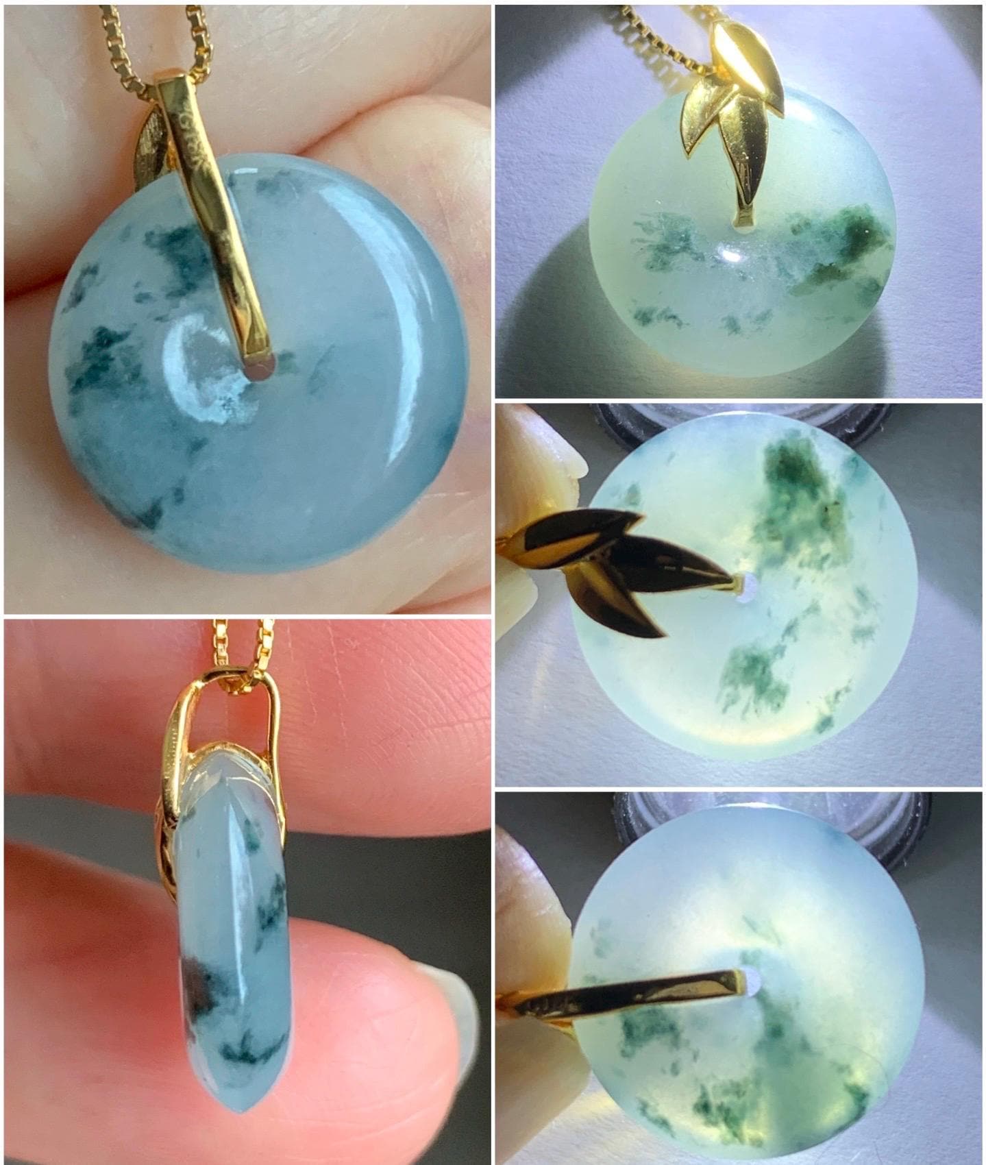 Certified Natural Burmese Icy Translucent Dark Green Marbled Jadeite Ping An Kou Donut Bamboo Leaf Pendant 18K Yellow Gold 天然缅甸冰胶飘花翡翠平安扣竹叶吊坠