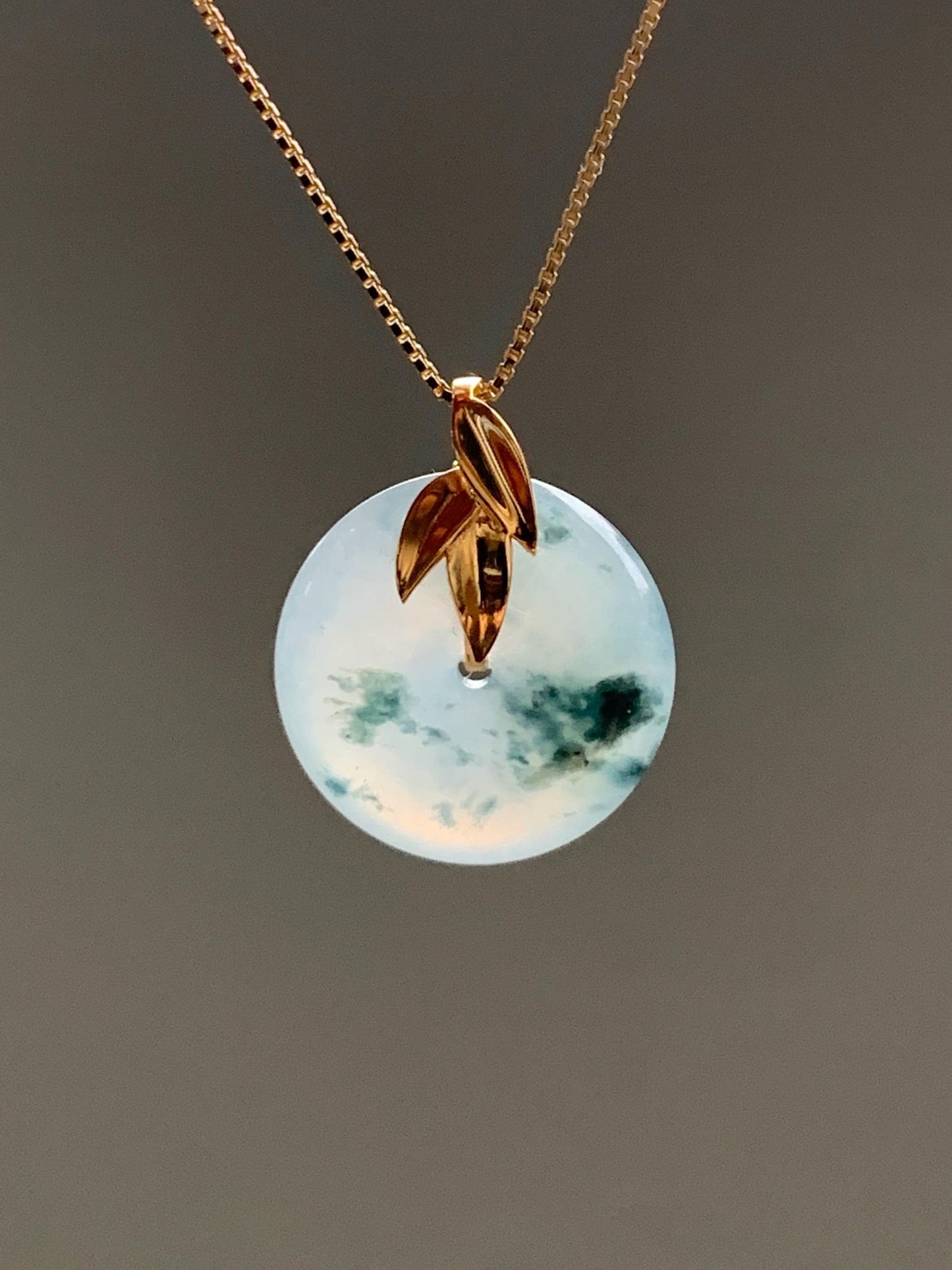 Certified Natural Burmese Icy Translucent Dark Green Marbled Jadeite Ping An Kou Donut Bamboo Leaf Pendant 18K Yellow Gold 天然缅甸冰胶飘花翡翠平安扣竹叶吊坠
