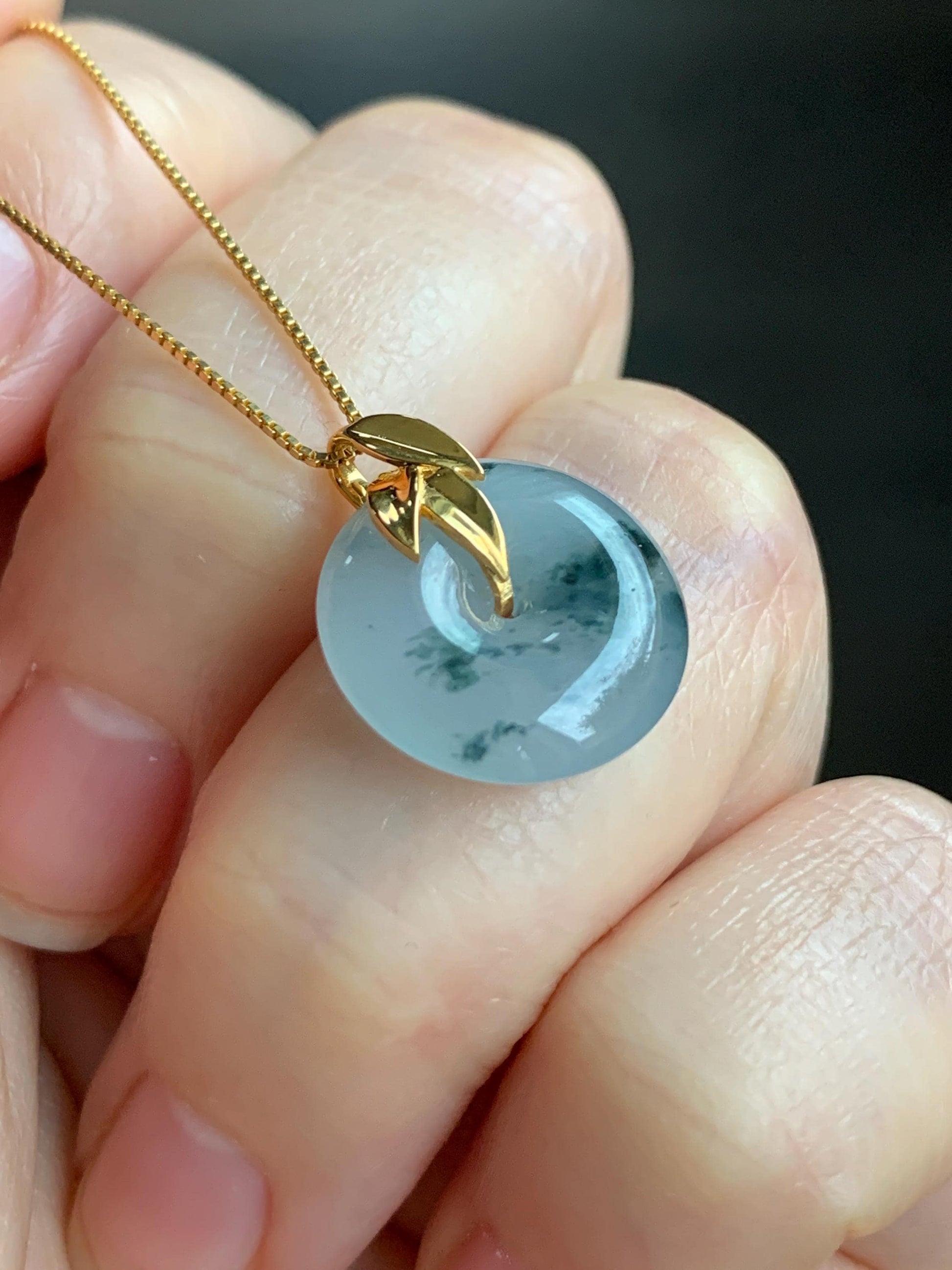 Certified Natural Burmese Icy Translucent Dark Green Marbled Jadeite Ping An Kou Donut Bamboo Leaf Pendant 18K Yellow Gold 天然缅甸冰胶飘花翡翠平安扣竹叶吊坠