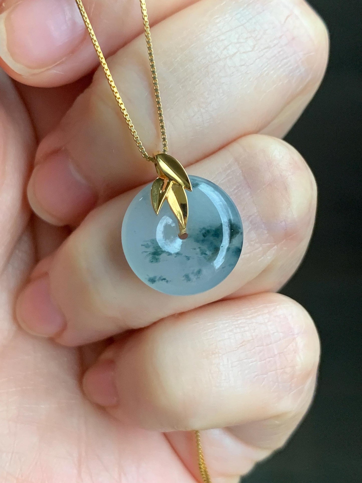 Certified Natural Burmese Icy Translucent Dark Green Marbled Jadeite Ping An Kou Donut Bamboo Leaf Pendant 18K Yellow Gold 天然缅甸冰胶飘花翡翠平安扣竹叶吊坠