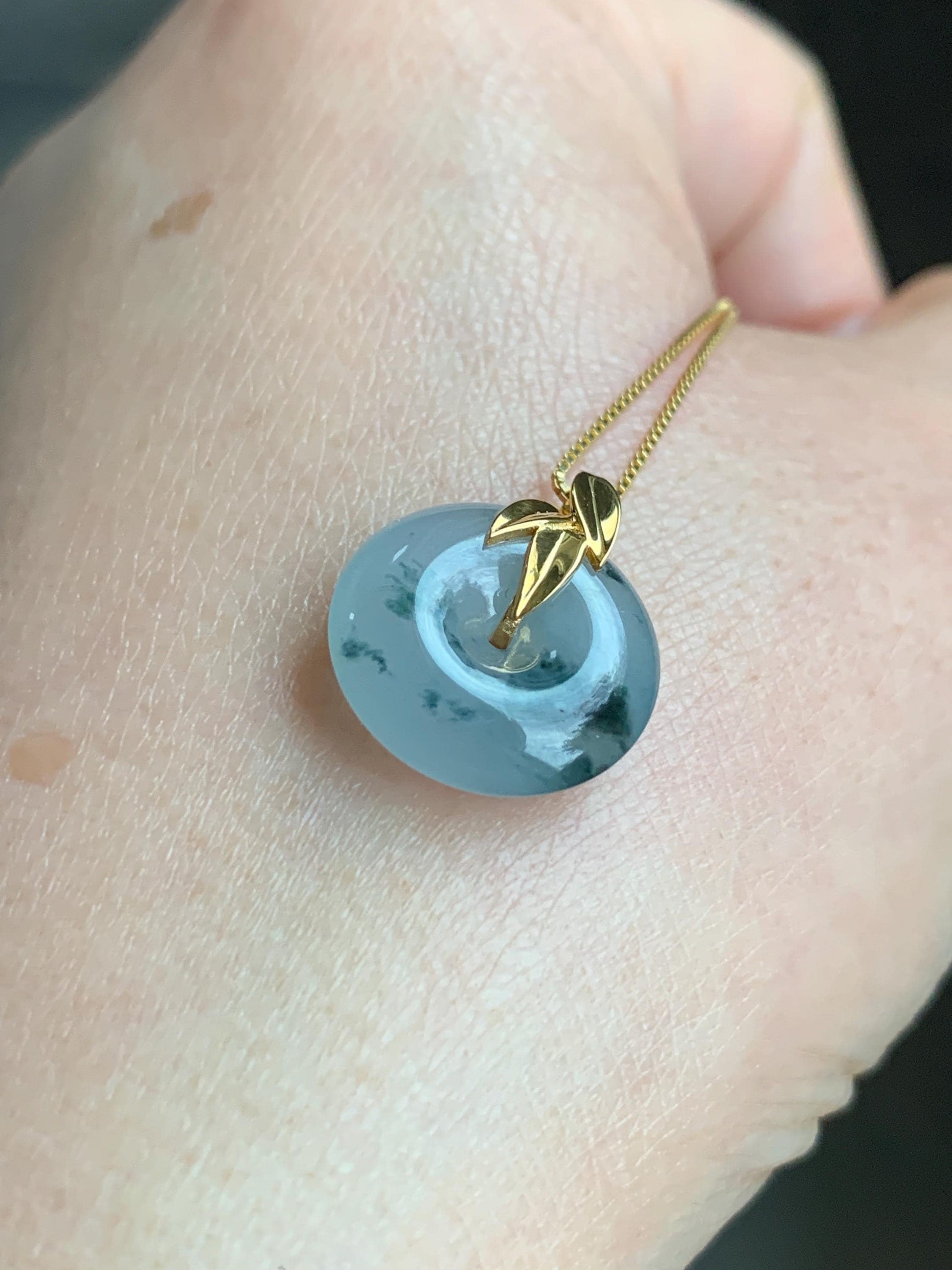Certified Natural Burmese Icy Translucent Dark Green Marbled Jadeite Ping An Kou Donut Bamboo Leaf Pendant 18K Yellow Gold 天然缅甸冰胶飘花翡翠平安扣竹叶吊坠
