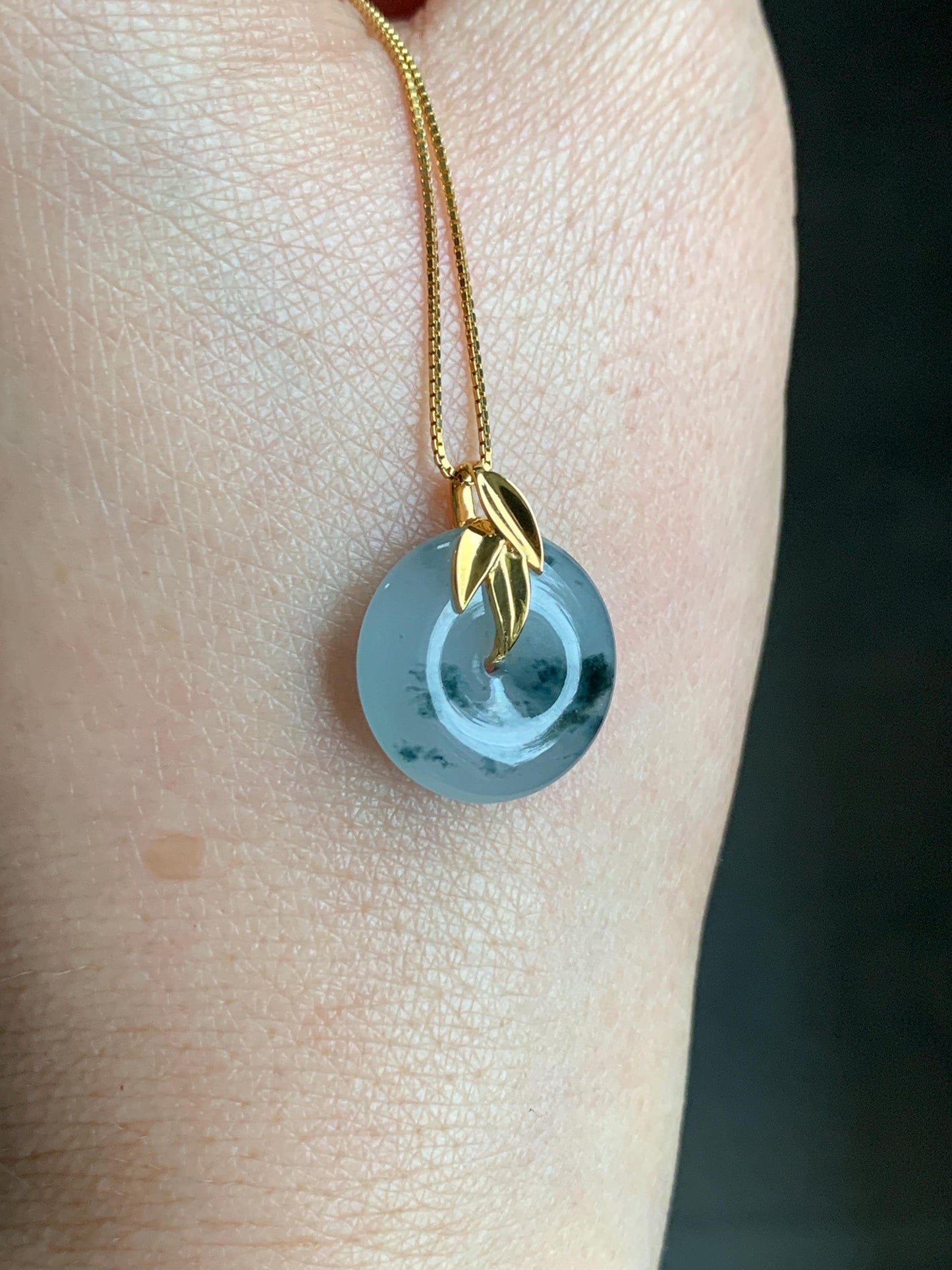 Certified Natural Burmese Icy Translucent Dark Green Marbled Jadeite Ping An Kou Donut Bamboo Leaf Pendant 18K Yellow Gold 天然缅甸冰胶飘花翡翠平安扣竹叶吊坠