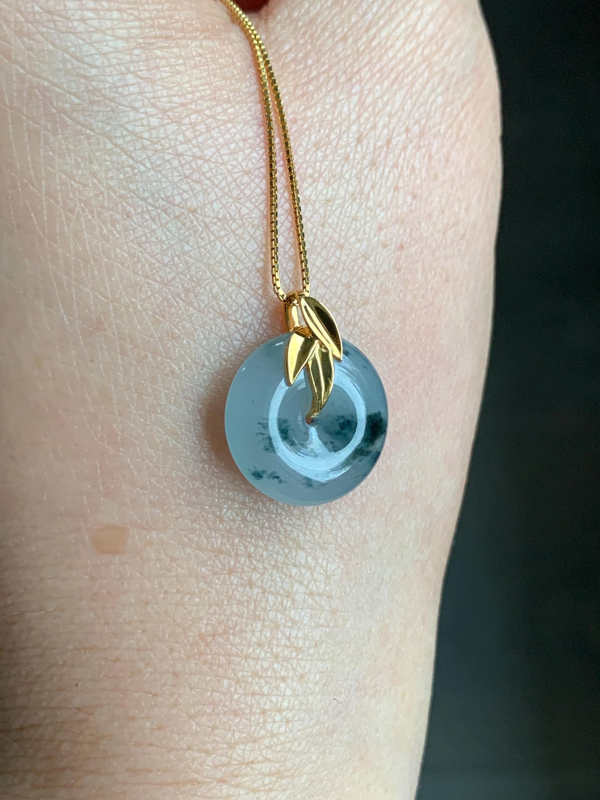 Certified Natural Burmese Icy Translucent Dark Green Marbled Jadeite Ping An Kou Donut Bamboo Leaf Pendant 18K Yellow Gold 天然缅甸冰胶飘花翡翠平安扣竹叶吊坠