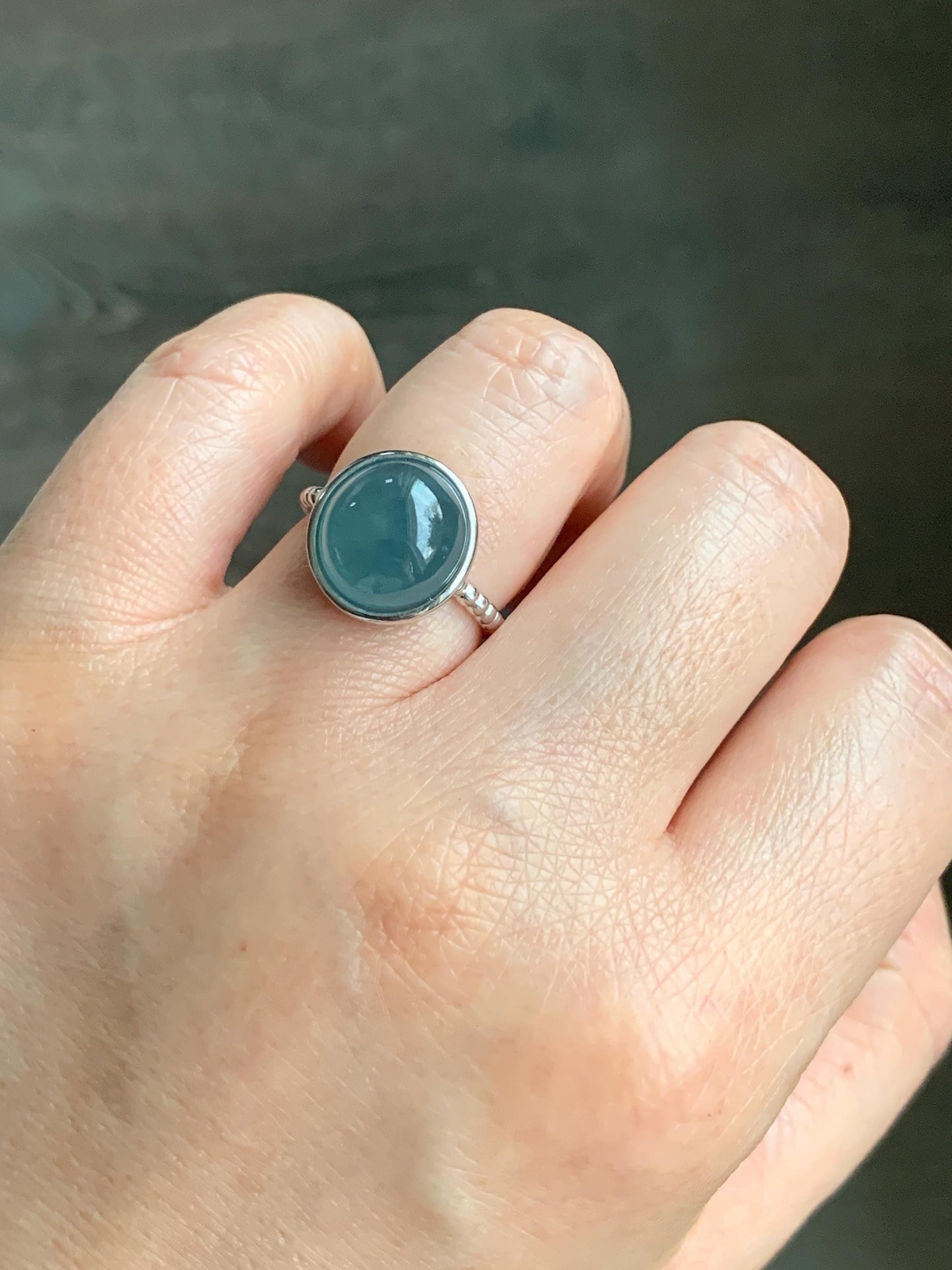 Certified Natural Guatemalan Icy Highly Translucent Dark Dusty Blue Jadeite Large Oval Ring Sterling Silver size 7 4.25g 天然冰胶危蓝翡翠镶嵌戒指 7400