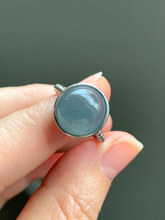 Certified Natural Guatemalan Icy Highly Translucent Dark Dusty Blue Jadeite Large Oval Ring Sterling Silver size 7 4.25g 天然冰胶危蓝翡翠镶嵌戒指 7400
