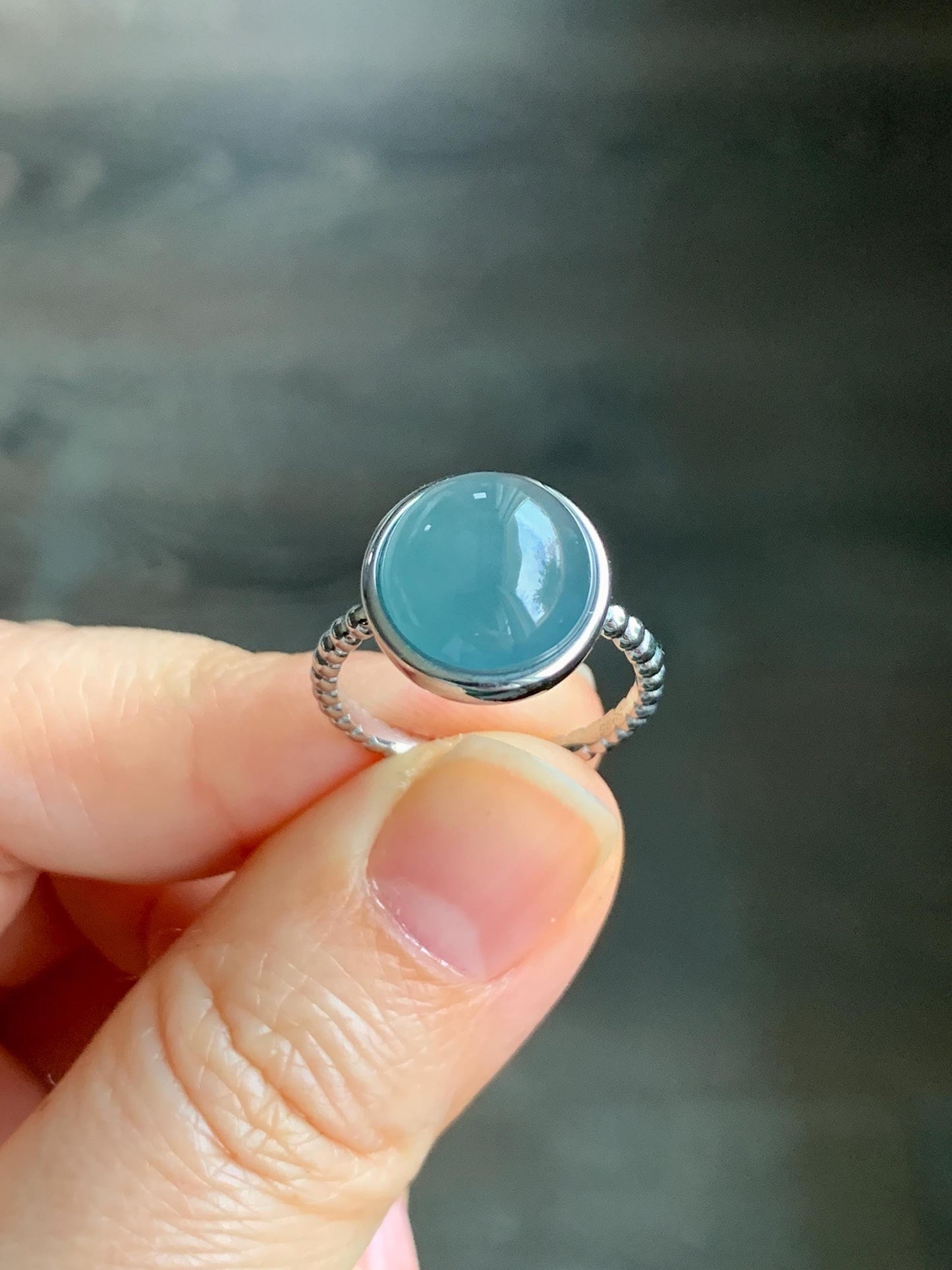 Certified Natural Guatemalan Icy Highly Translucent Dark Dusty Blue Jadeite Large Oval Ring Sterling Silver size 7 4.25g 天然冰胶危蓝翡翠镶嵌戒指 7400
