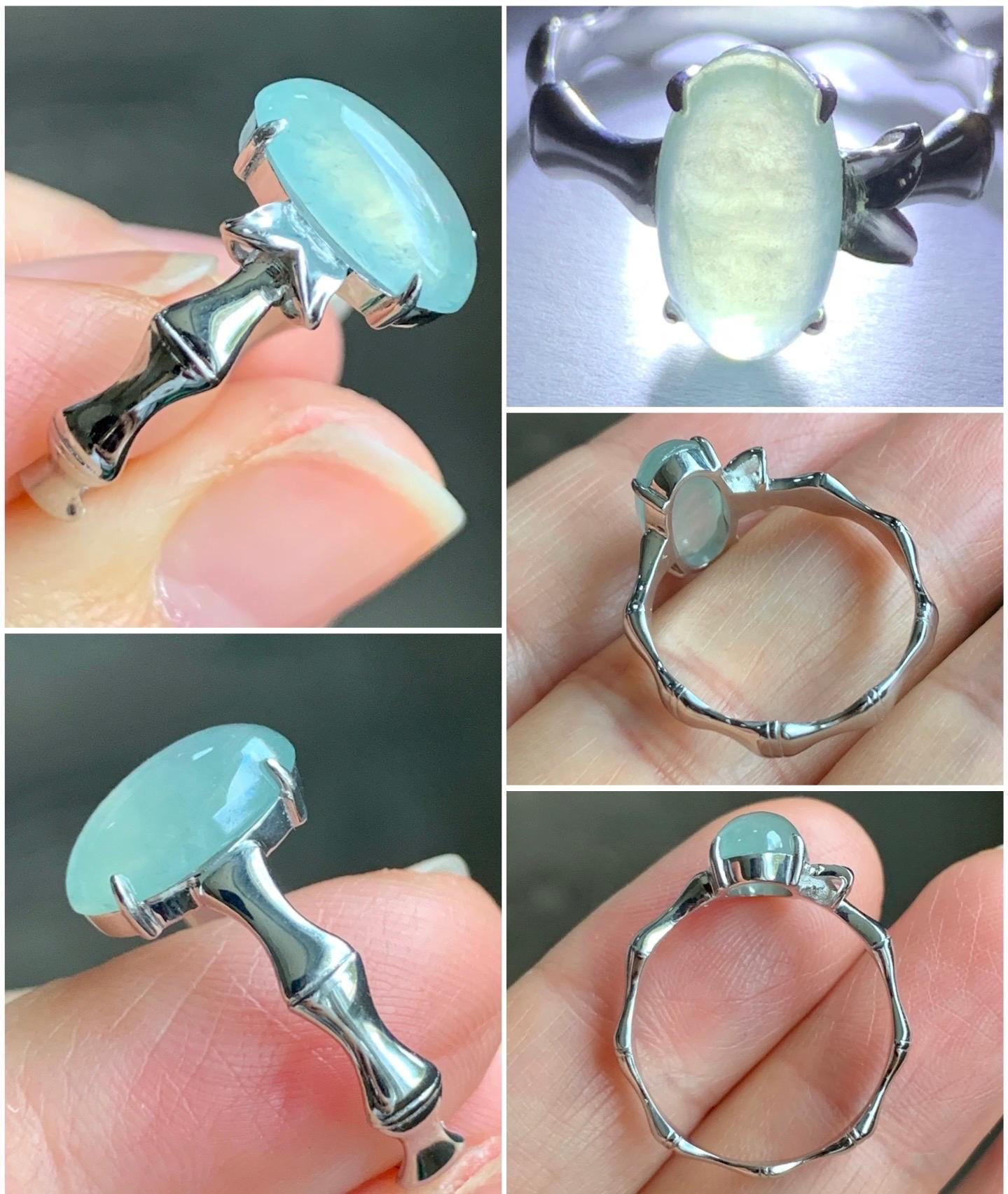 Certified Natural Burmese Icy Highly Translucent Pastel Green Oval Jadeite Bamboo Ring Sterling Silver size 6.5 天然缅甸冰胶起光晴底翡翠镶嵌竹节款戒指 7396