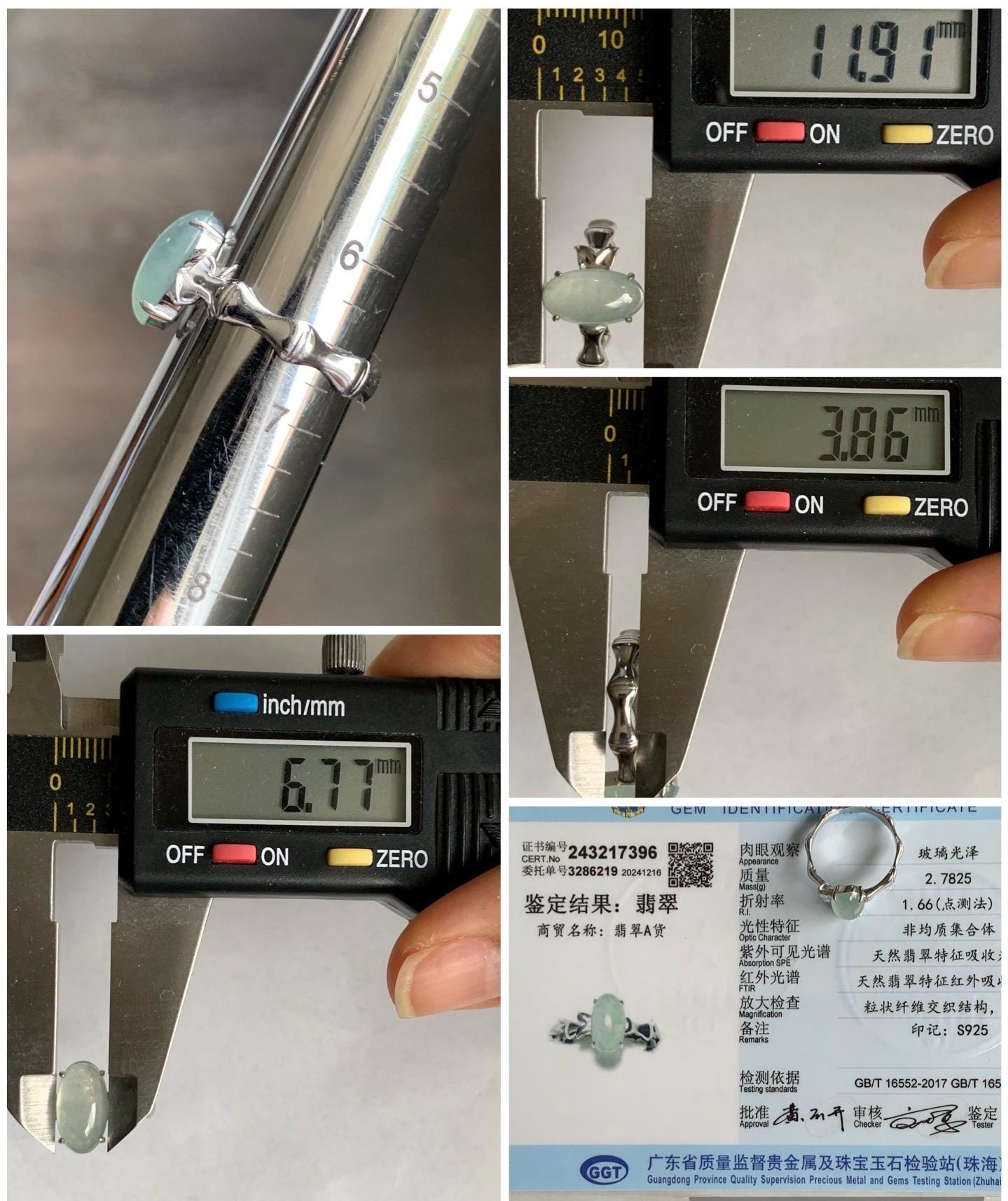 Certified Natural Burmese Icy Highly Translucent Pastel Green Oval Jadeite Bamboo Ring Sterling Silver size 6.5 天然缅甸冰胶起光晴底翡翠镶嵌竹节款戒指 7396
