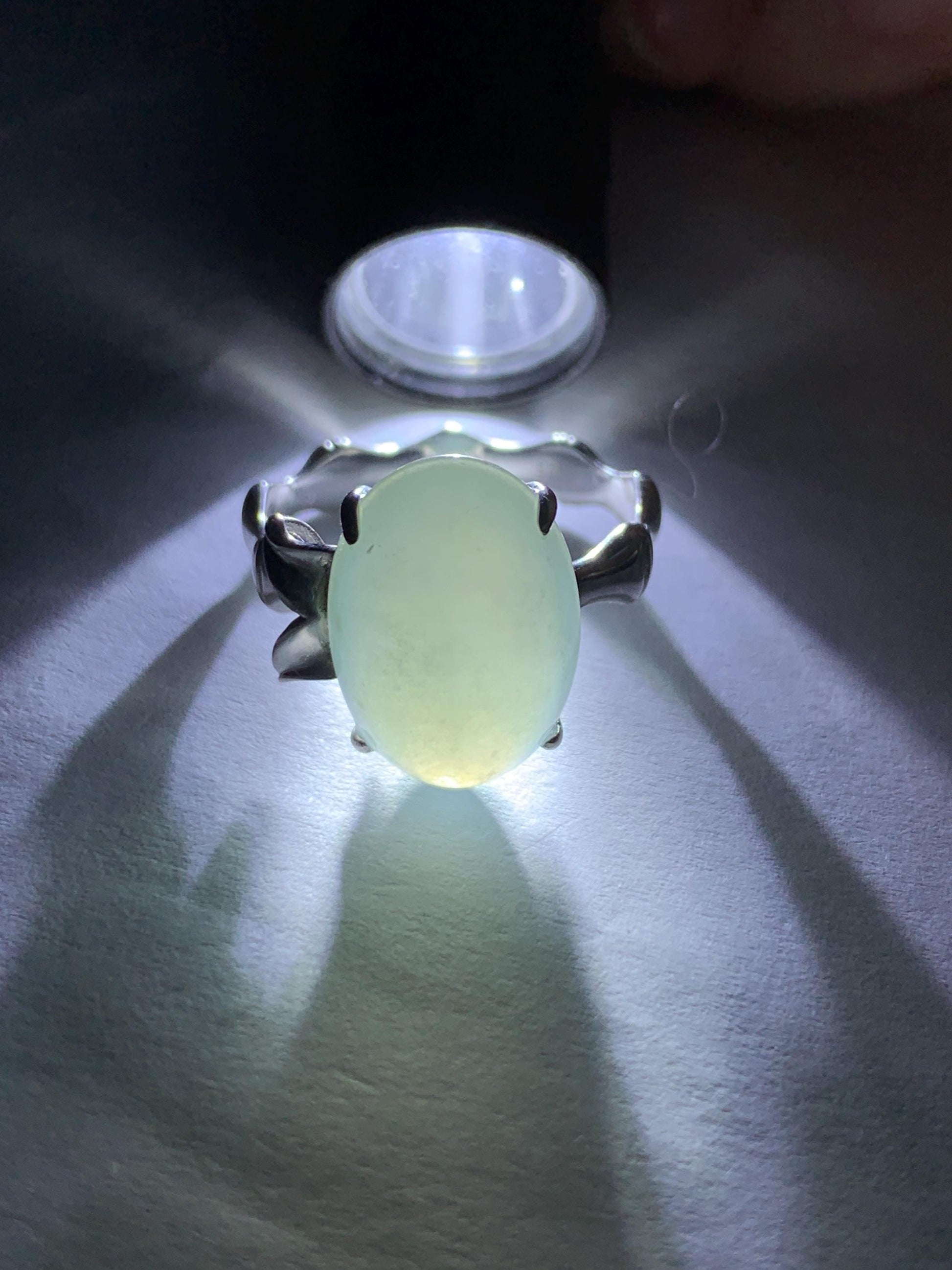 Certified Natural Burmese Icy Translucent Gelatinous Light Green Oval Jadeite Bamboo Ring Sterling Silver size 7 天然缅甸冰胶起光晴底翡翠镶嵌竹节款戒指 7393